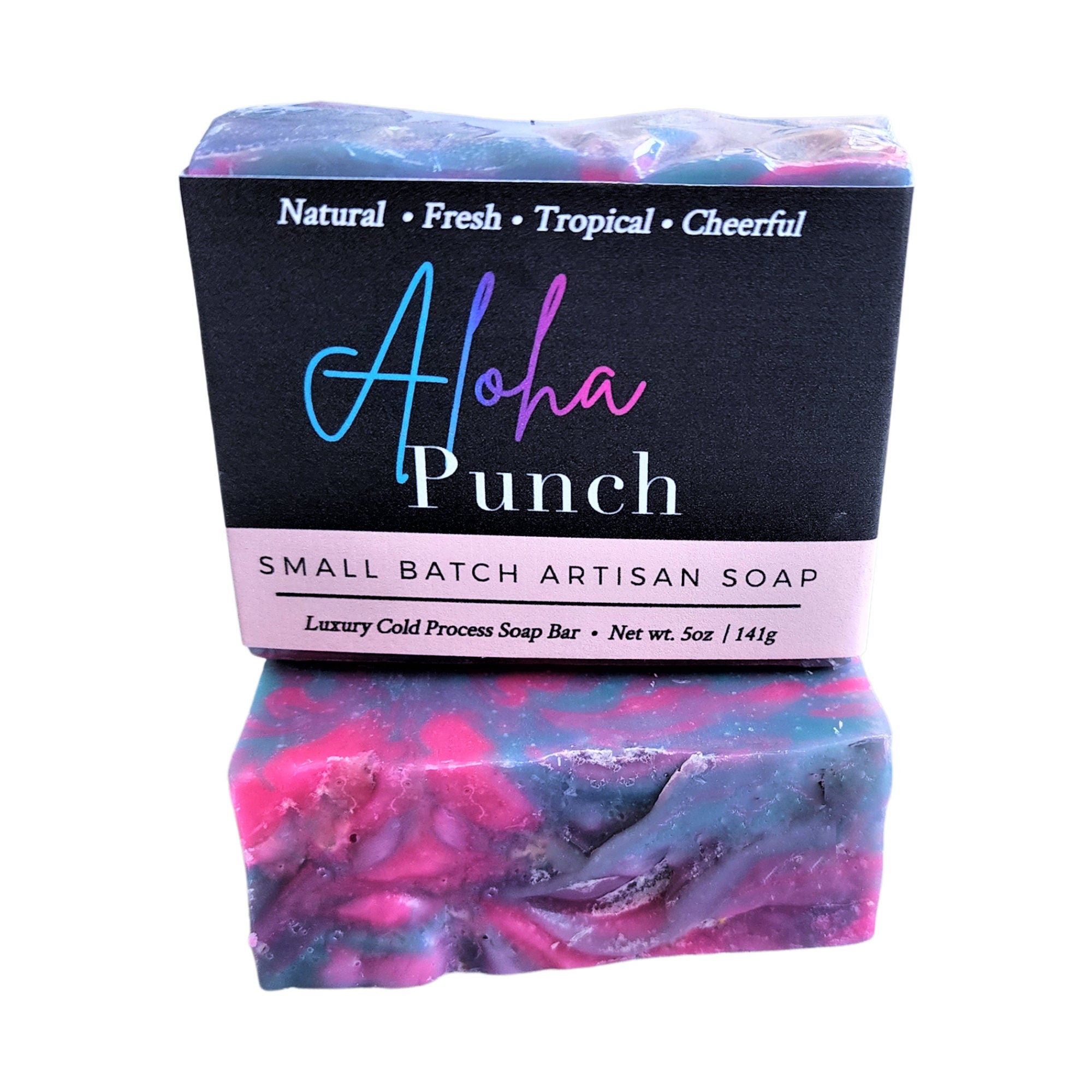 Aloha Punch Soap Bar with vibrant colors resembling tropical fruit, handcrafted and wrapped, showcasing its vegan and cruelty-free nature.