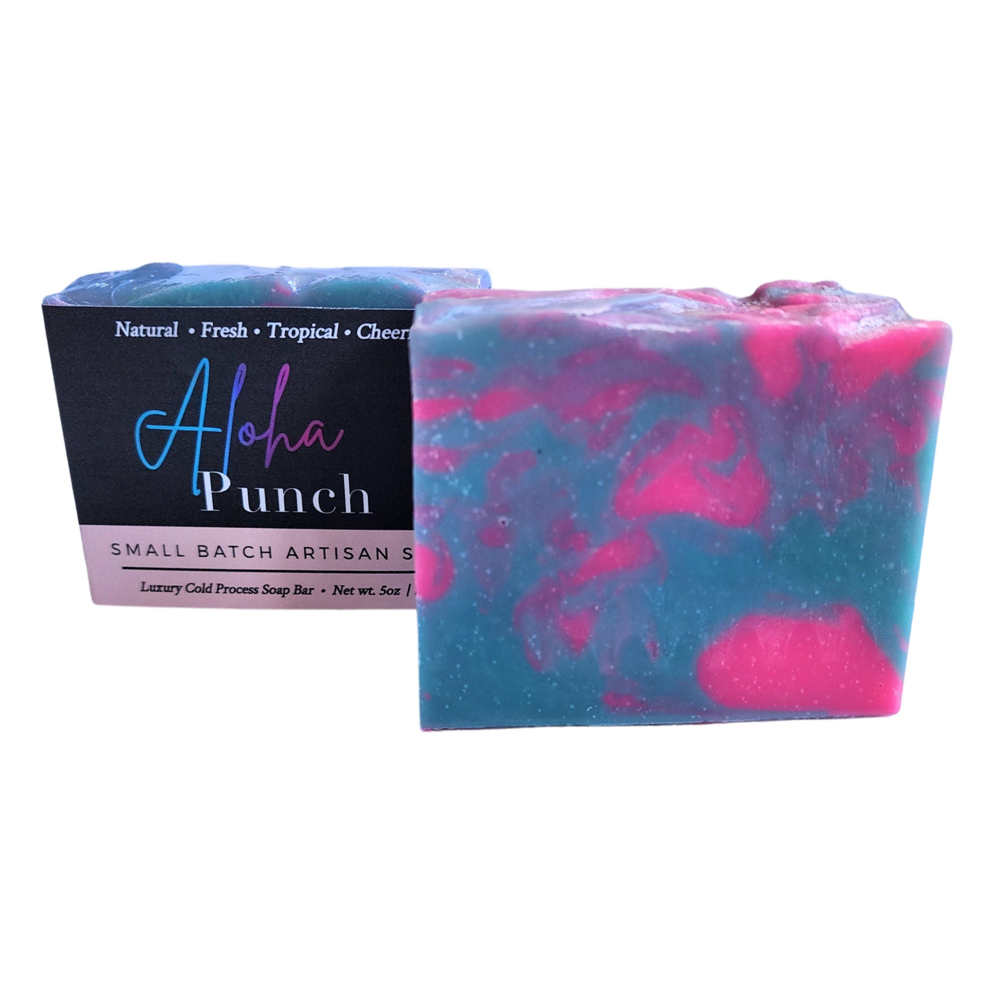 Aloha Punch Soap Bar with vibrant colors resembling tropical fruit, handcrafted and wrapped, showcasing its vegan and cruelty-free nature.