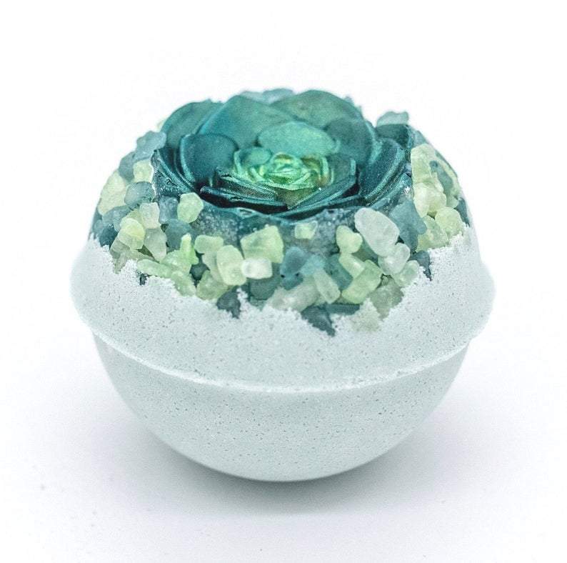 Artisan Vegan Green Succulent Bath Bomb with Organic Oatmeal Soap, showcasing its vibrant colors and unique design.