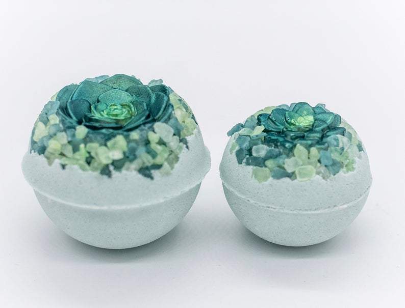 Artisan Vegan Green Succulent Bath Bomb with Organic Oatmeal Soap, showcasing its vibrant colors and unique design.