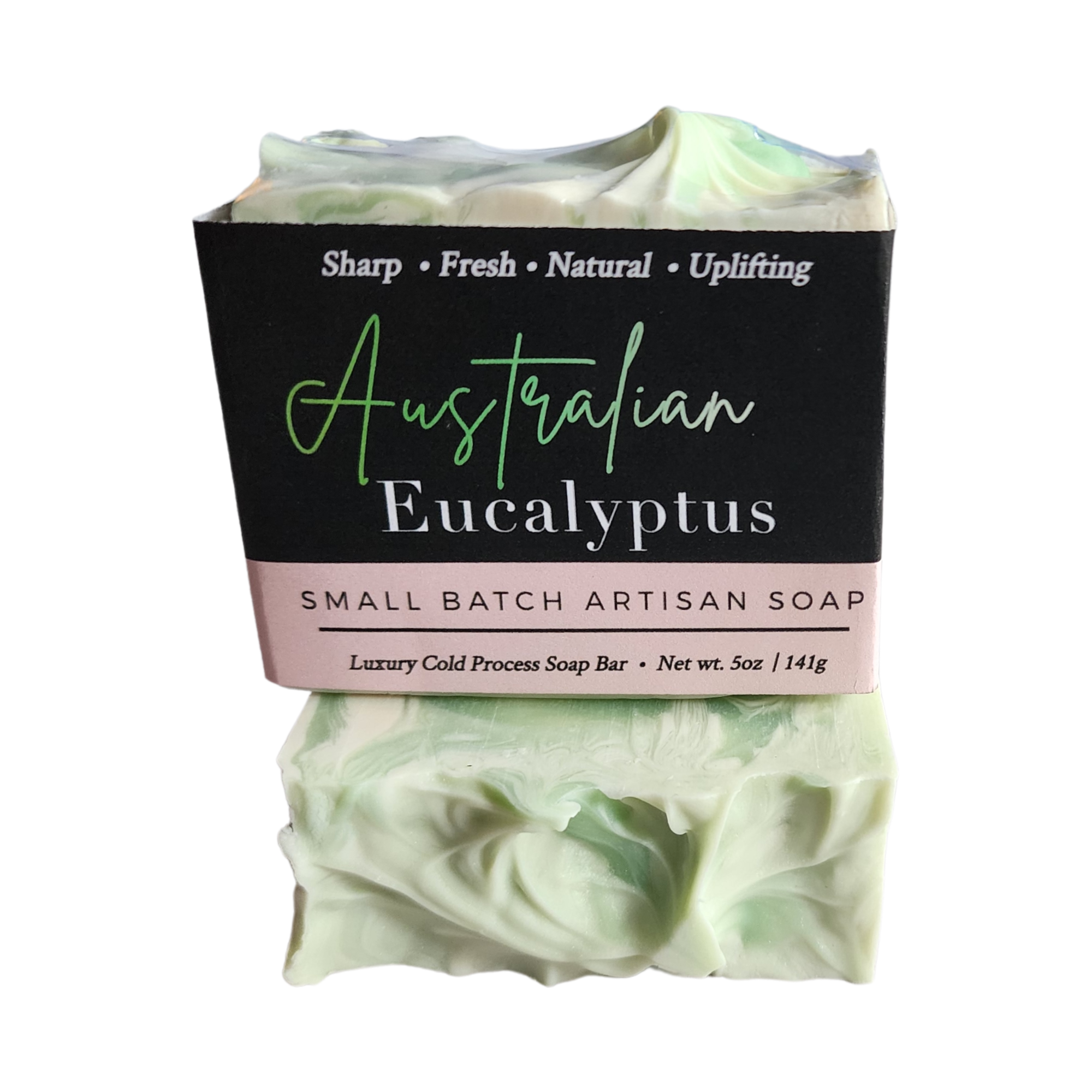 Australian Eucalyptus Soap bar with seafoam green and white swirls, showcasing its handcrafted design and natural ingredients.