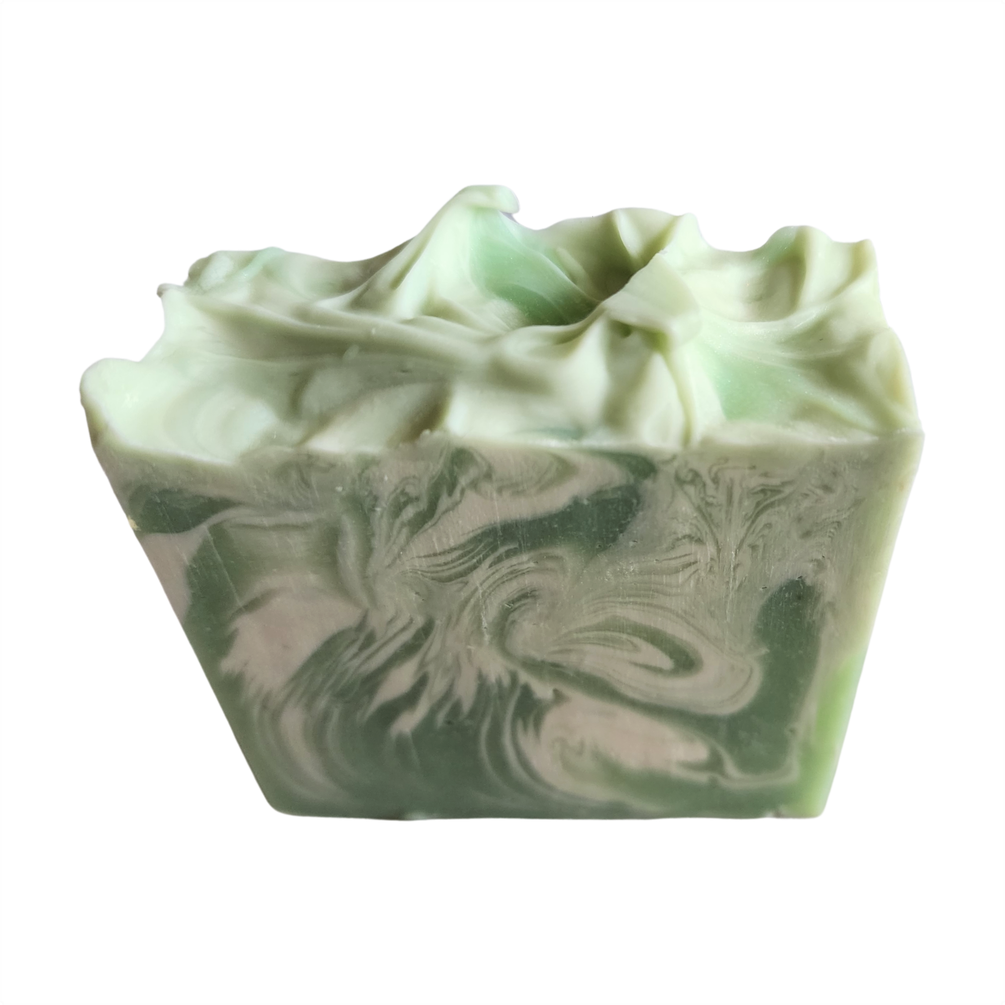 Australian Eucalyptus Soap bar with seafoam green and white swirls, showcasing its handcrafted design and natural ingredients.