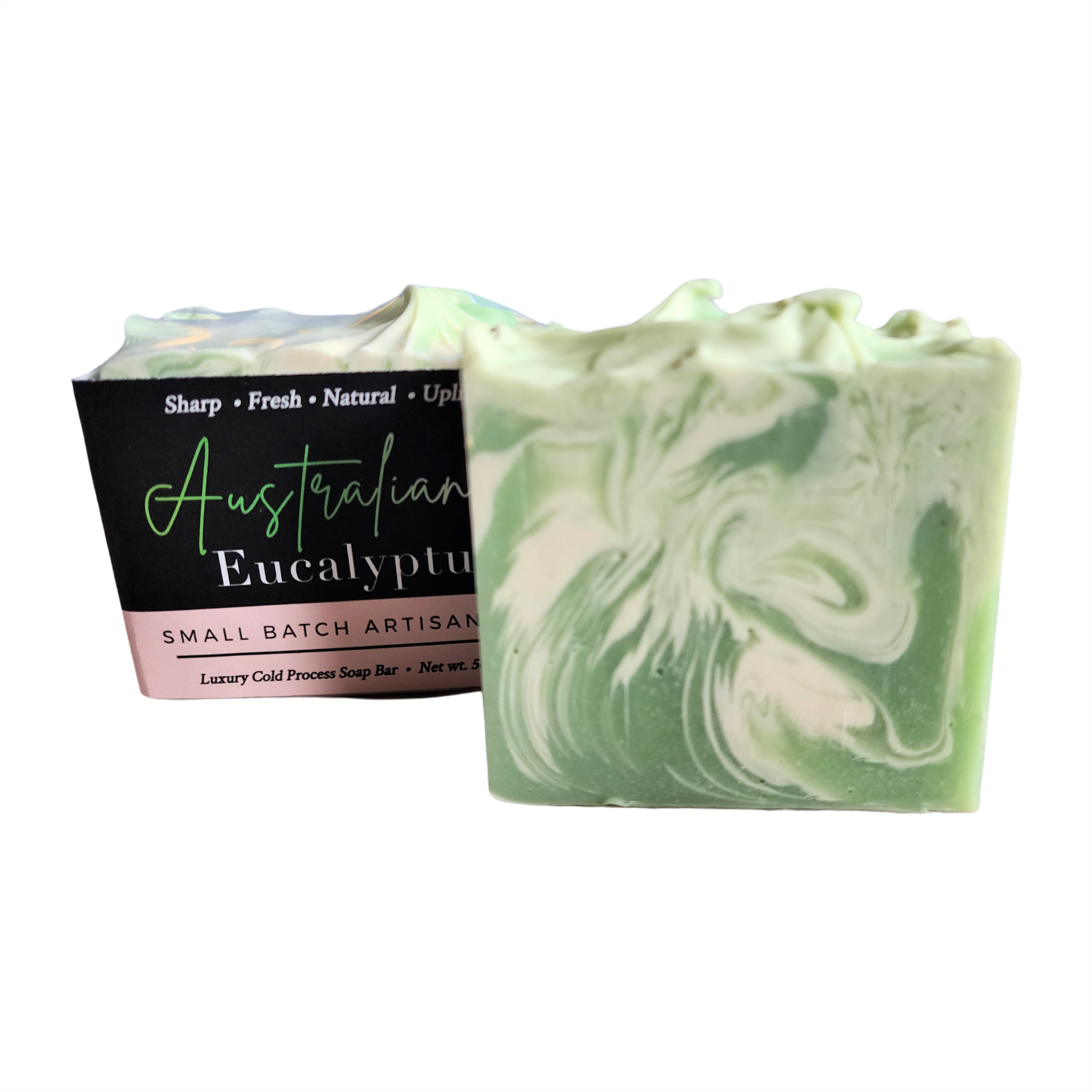 Australian Eucalyptus Soap bar with seafoam green and white swirls, showcasing its handcrafted design and natural ingredients.