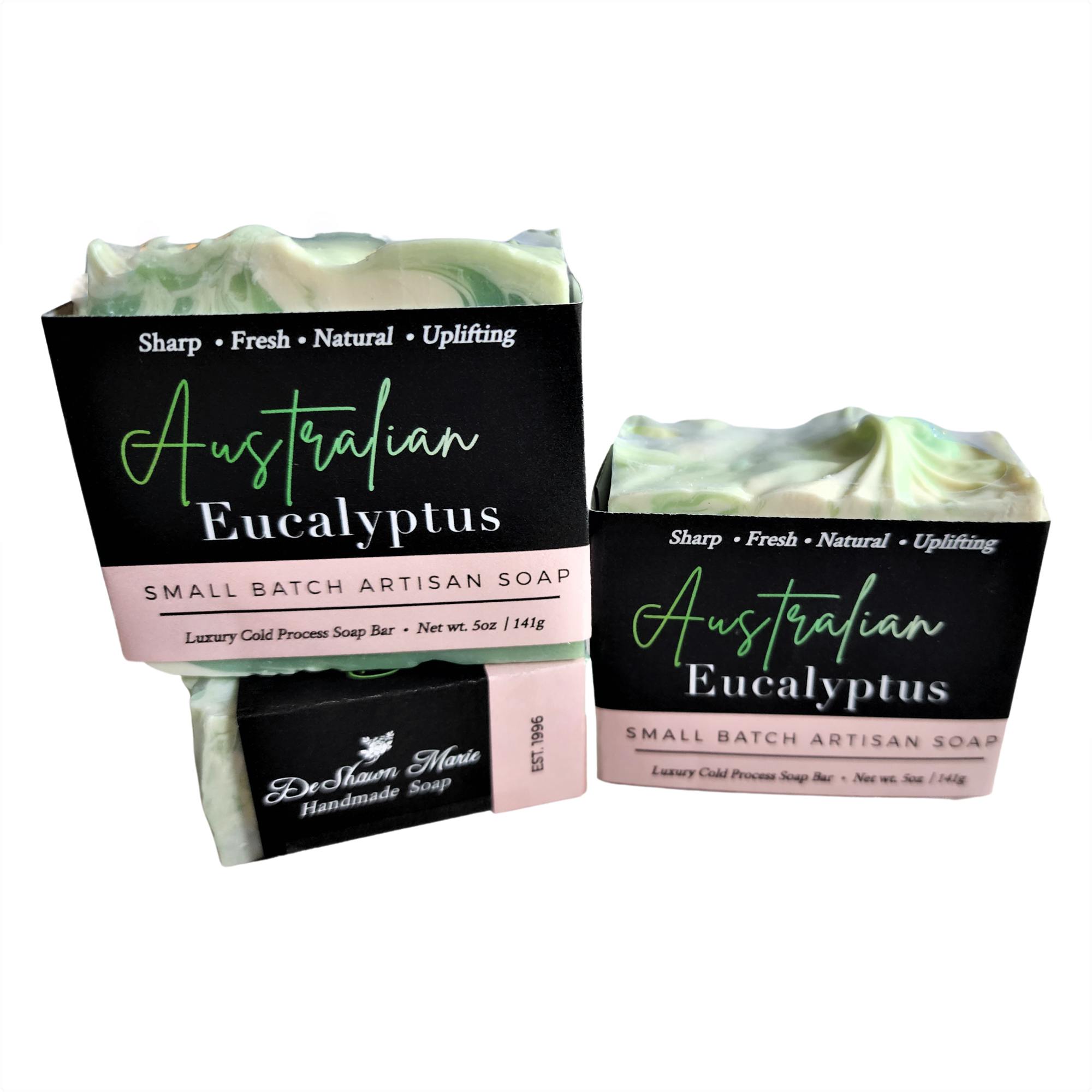 Australian Eucalyptus Soap bar with seafoam green and white swirls, showcasing its handcrafted design and natural ingredients.