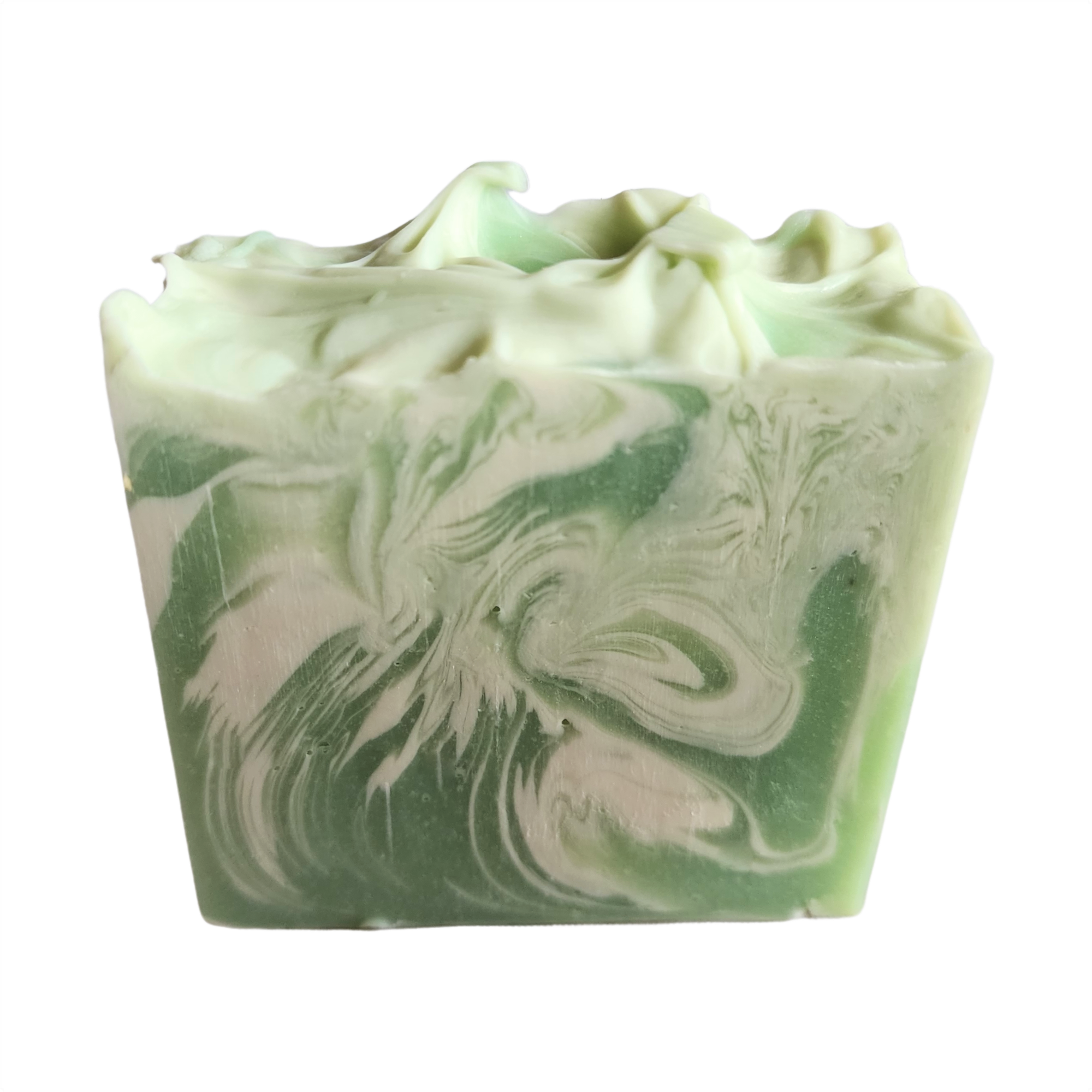 Australian Eucalyptus Soap bar with seafoam green and white swirls, showcasing its handcrafted design and natural ingredients.