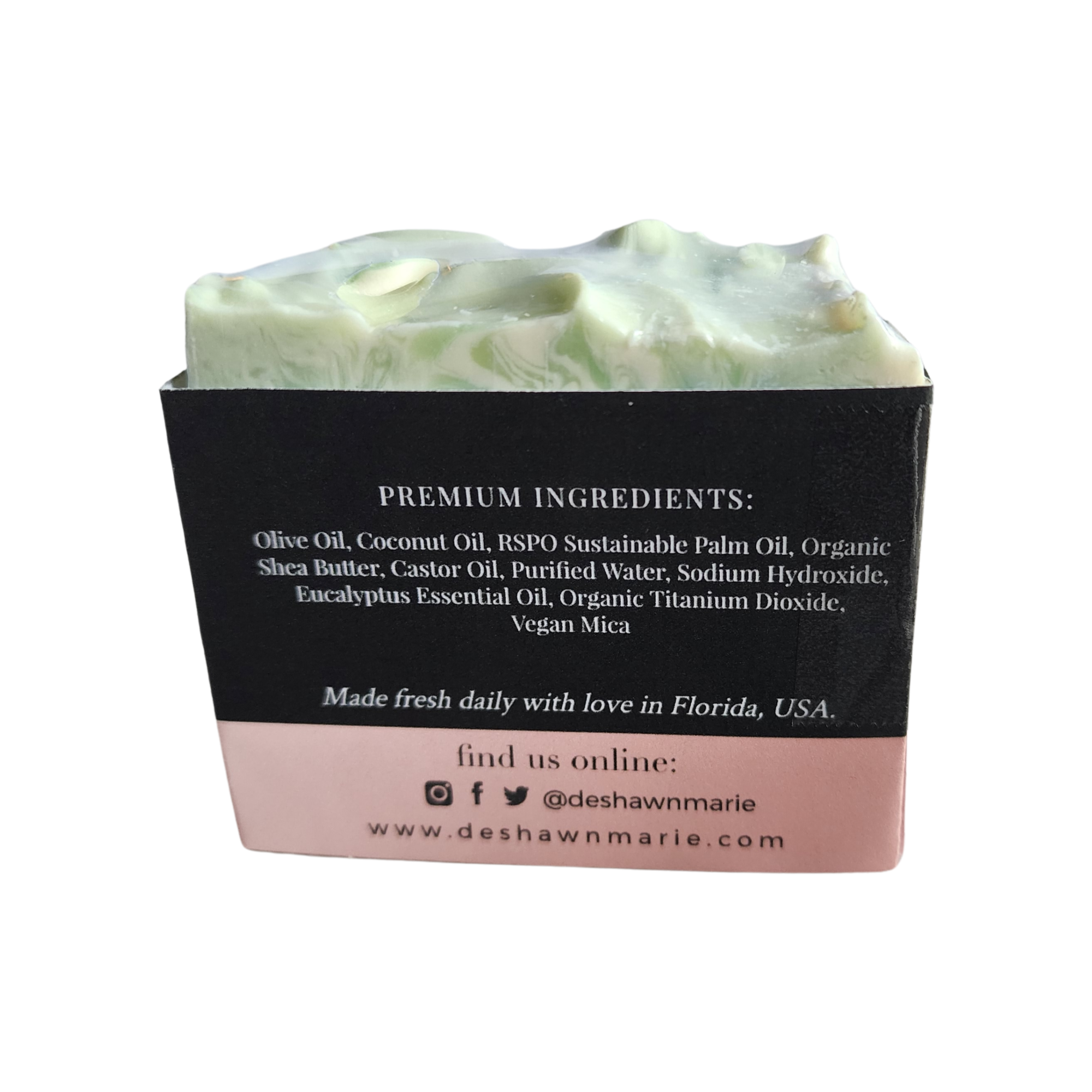 Australian Eucalyptus Soap bar with seafoam green and white swirls, showcasing its handcrafted design and natural ingredients.