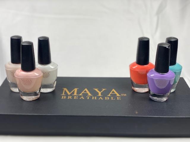 Azra's Spring Color Collection featuring six vibrant nail polish bottles in various colors including white, pink, nude, red, orange, and blue.