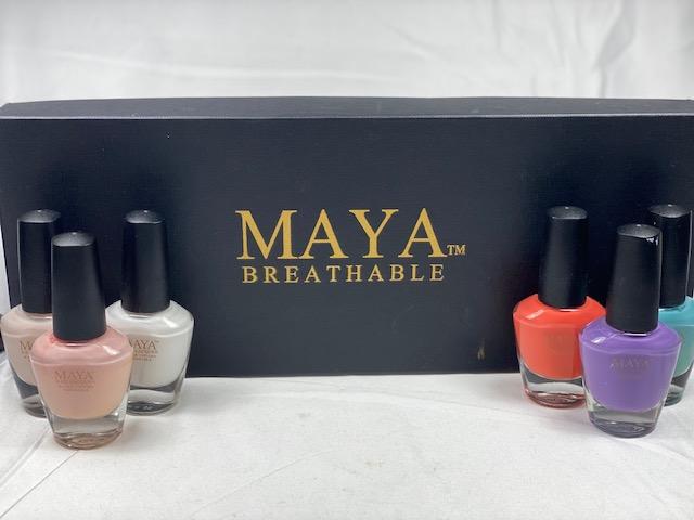 Azra's Spring Color Collection featuring six vibrant nail polish bottles in various colors including white, pink, nude, red, orange, and blue.