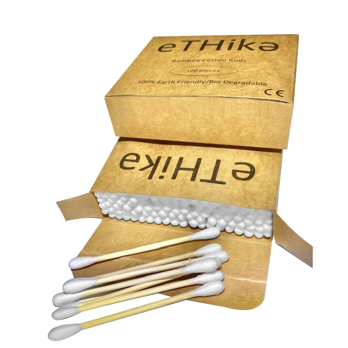 Set of 2 packs of eco-friendly bamboo cotton buds with cotton tips, packaged in a recycled paper box.