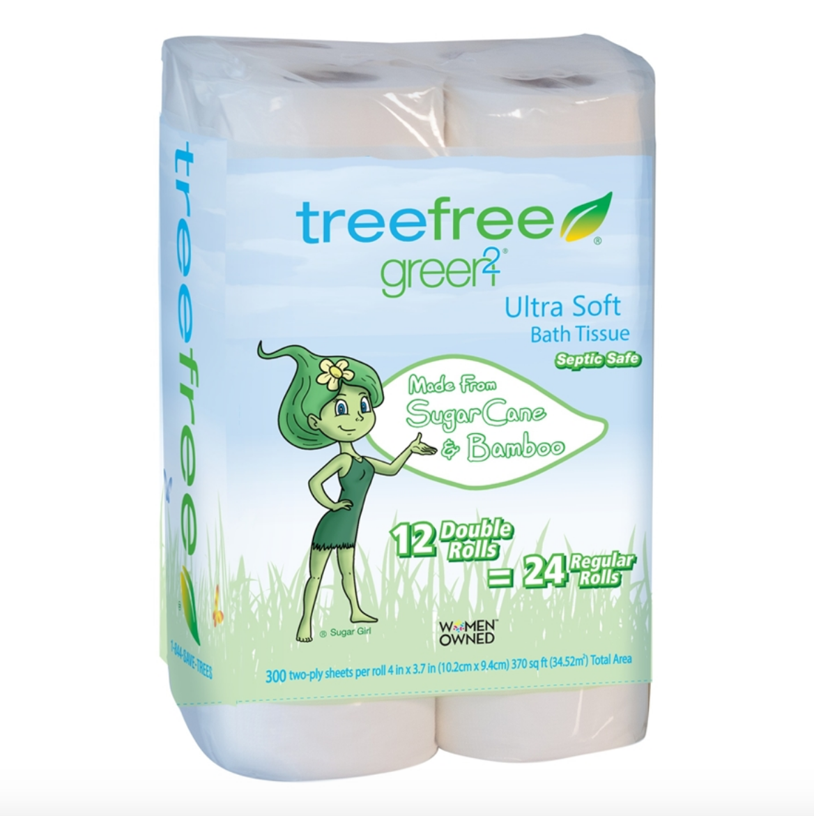 Eco-friendly bathroom tissue made from bamboo and sugar cane, featuring 12 rolls in a pack.