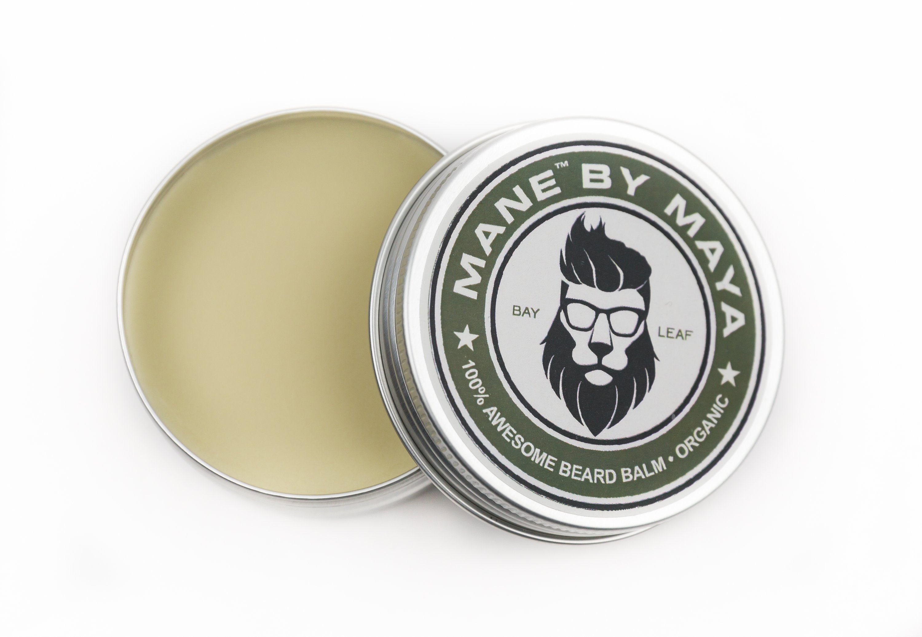 A 2 oz jar of Bay Leaf Beard Balm, showcasing its natural ingredients and smooth texture, perfect for grooming men's facial hair.