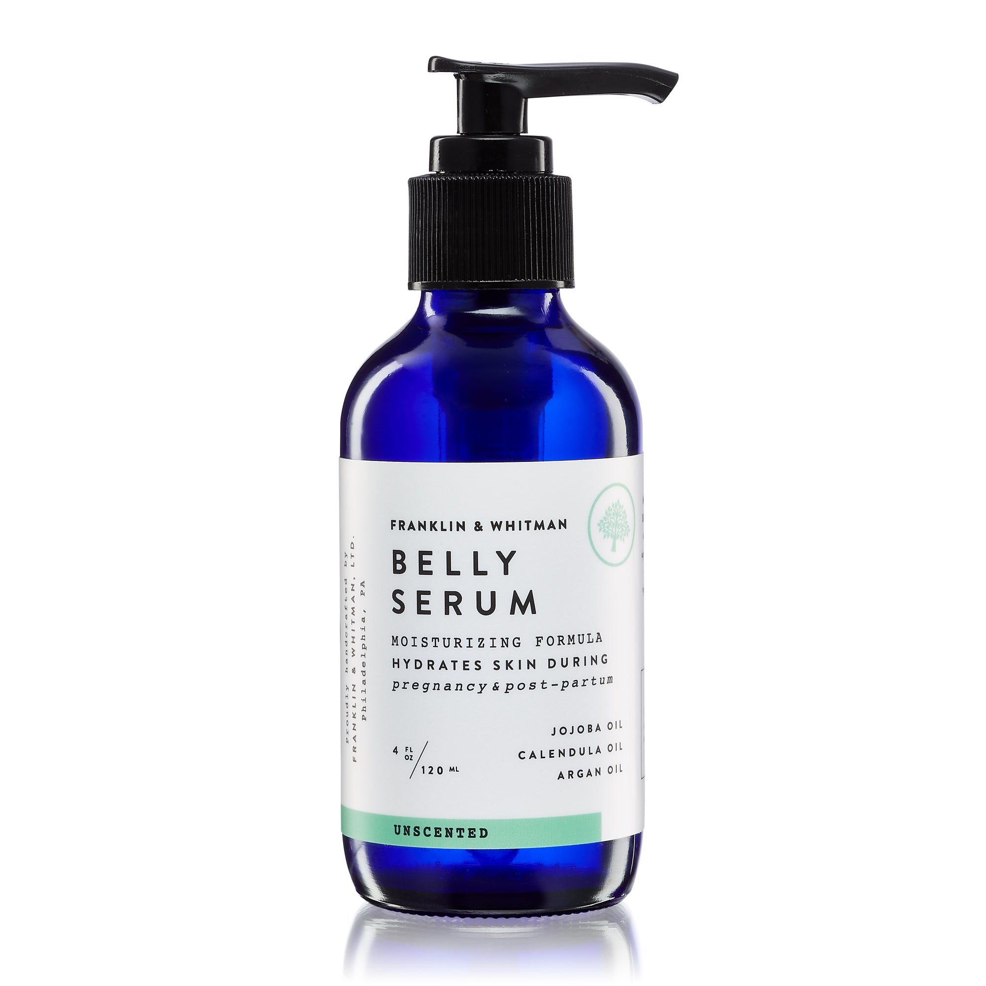 A 4oz glass bottle of all-natural Belly Serum, featuring a blend of hydrating oils for pregnant skin care.