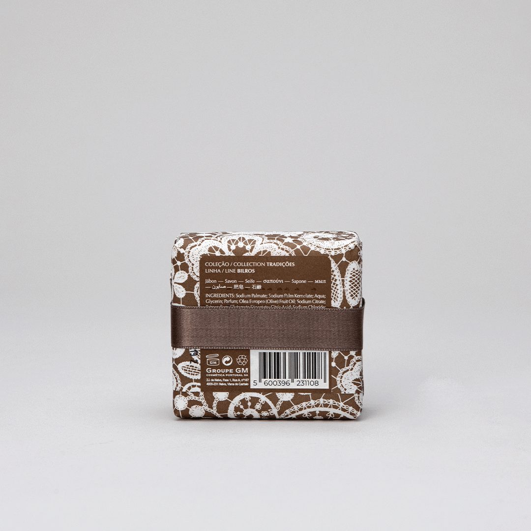 Bilros Soap bar with olive oil, showcasing its luxurious texture and eco-friendly packaging.