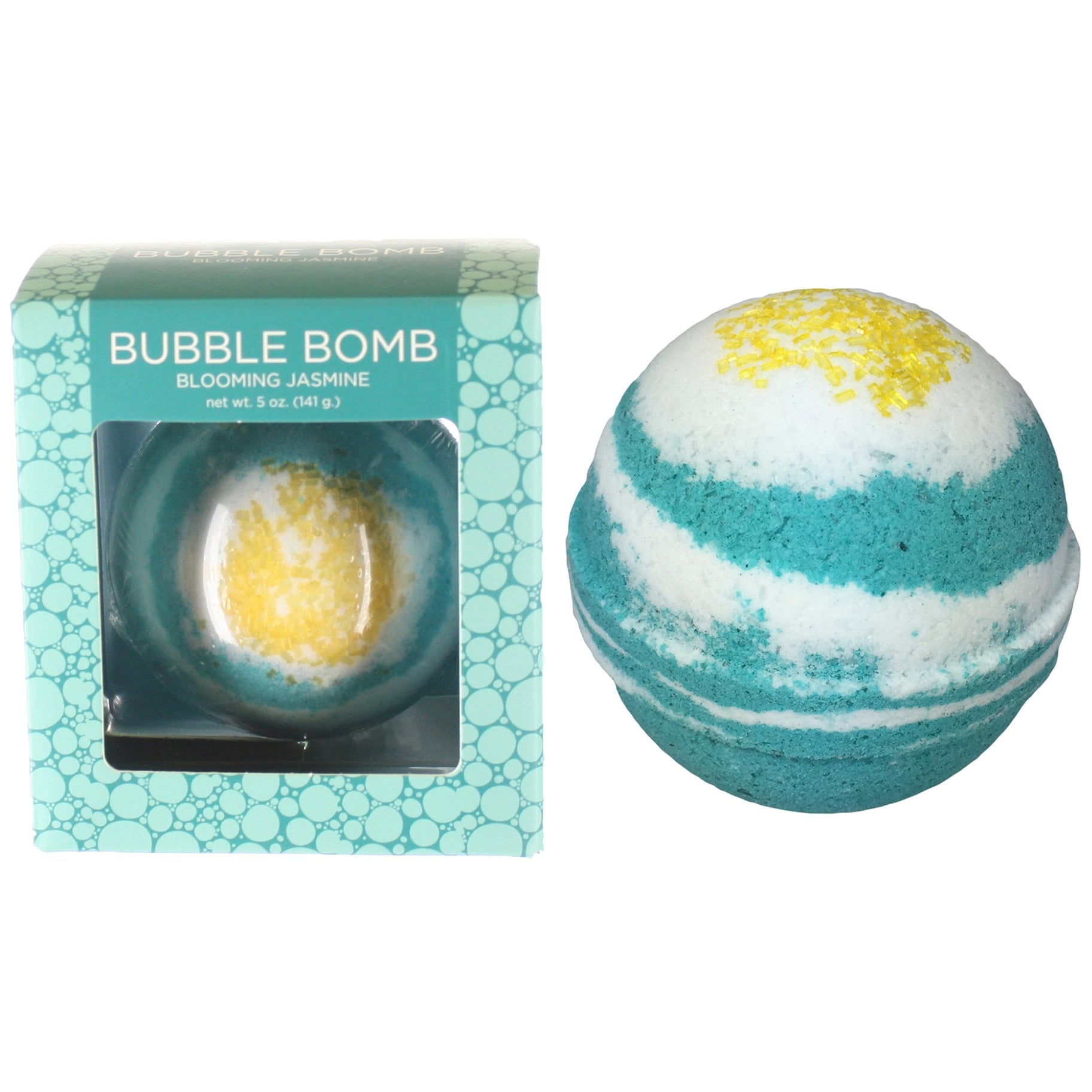 Blue Jasmine blooming bubble bath bomb fizzing in a bathtub, creating blue water and bubbles, surrounded by a relaxing spa setting.