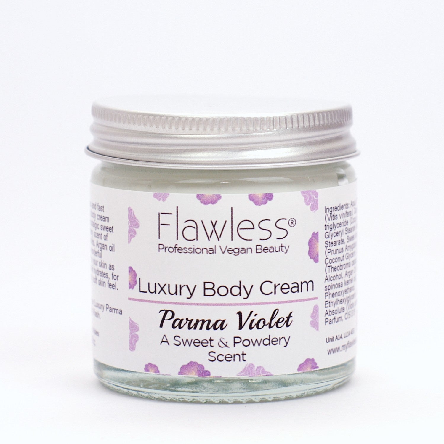 A luxurious jar of Parma Violet Body Cream with a delicate floral design, showcasing its eco-friendly packaging.