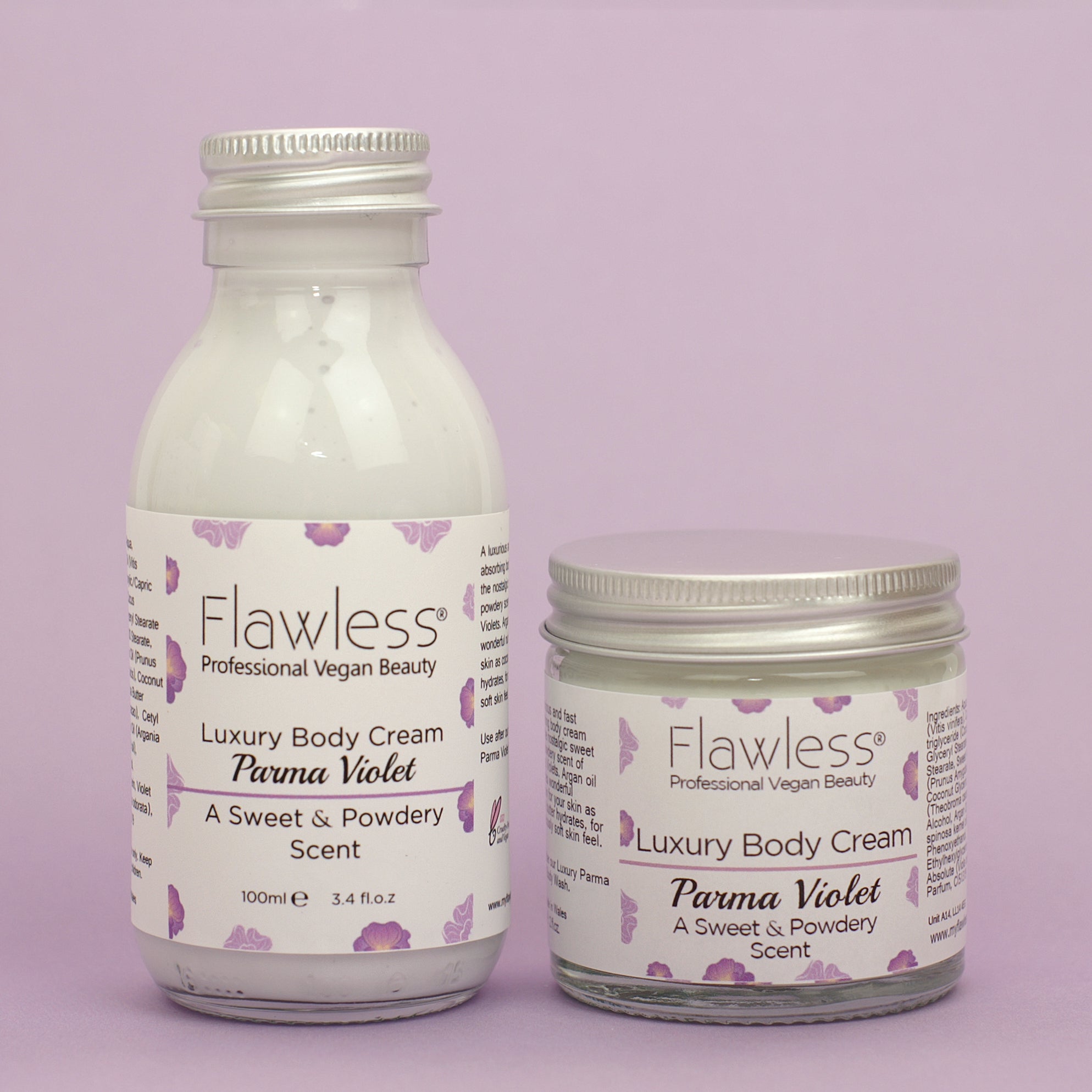 A luxurious jar of Parma Violet Body Cream with a delicate floral design, showcasing its eco-friendly packaging.