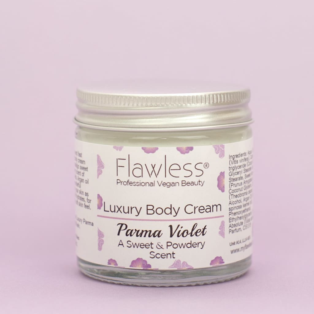 A luxurious jar of Parma Violet Body Cream with a delicate floral design, showcasing its eco-friendly packaging.