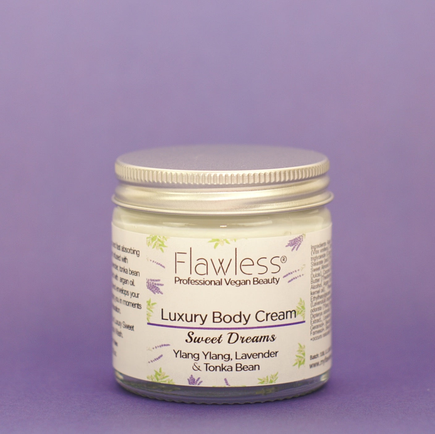 Sweet Dreams Body Cream in a recycled glass jar with an aluminum lid, showcasing its luxurious texture and soothing ingredients.