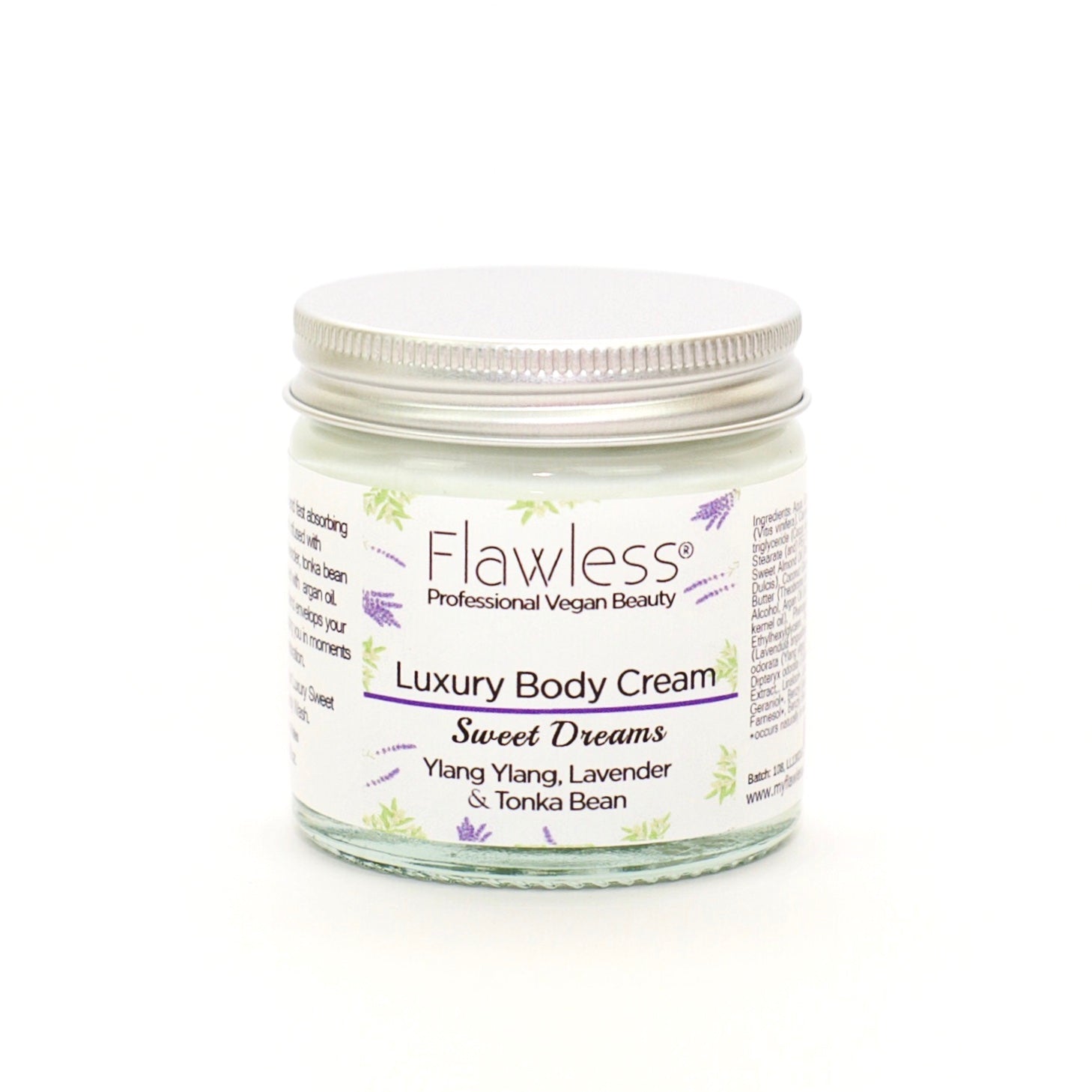 Sweet Dreams Body Cream in a recycled glass jar with an aluminum lid, showcasing its luxurious texture and soothing ingredients.