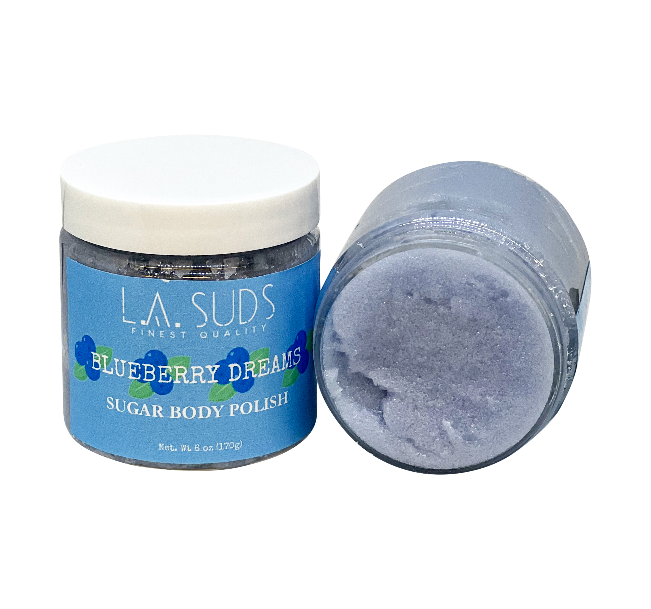 A jar of Body Sugar Scrub Polish in Blueberry Dreams scent, showcasing its vibrant color and texture, perfect for exfoliating and hydrating skin.