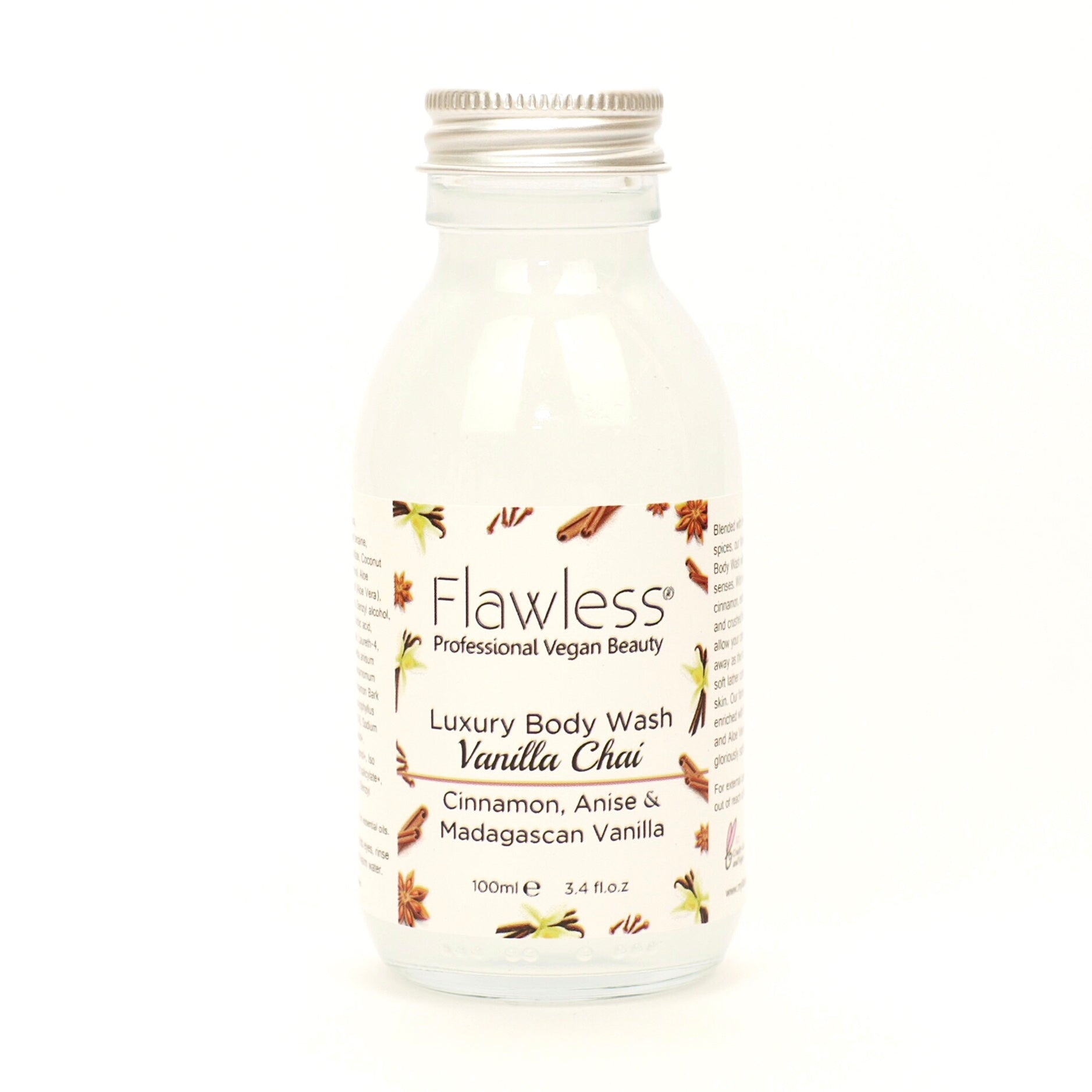 A luxurious vegan body wash in a recycled glass bottle, featuring a warm vanilla chai scent with cinnamon and anise.