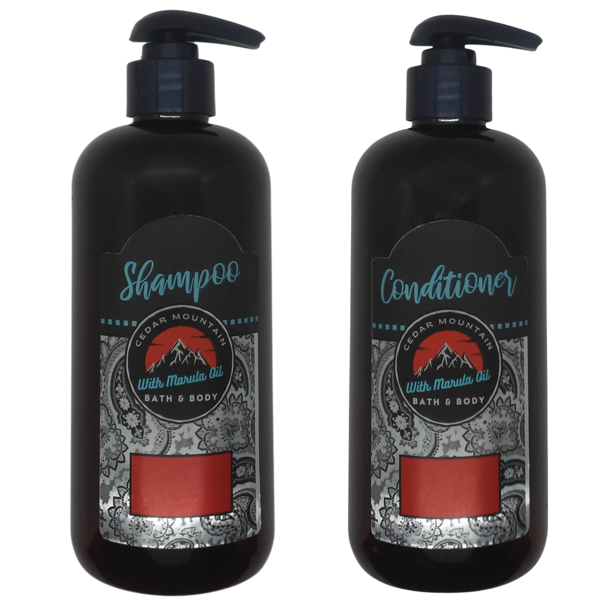 Cedar Mountain Acai Magnolia & Jasmine Scented Marula Oil Shampoo and Conditioner set in 12 oz bottles with floral design.