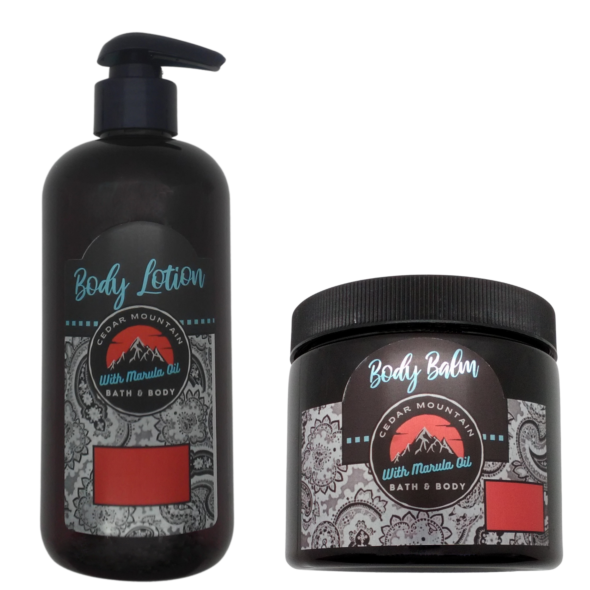 Cedar Mountain Almond Biscotti Scented Marula Oil Body Lotion and Body Balm set, featuring a 12 oz lotion bottle and a 16 oz balm jar with a warm almond scent.