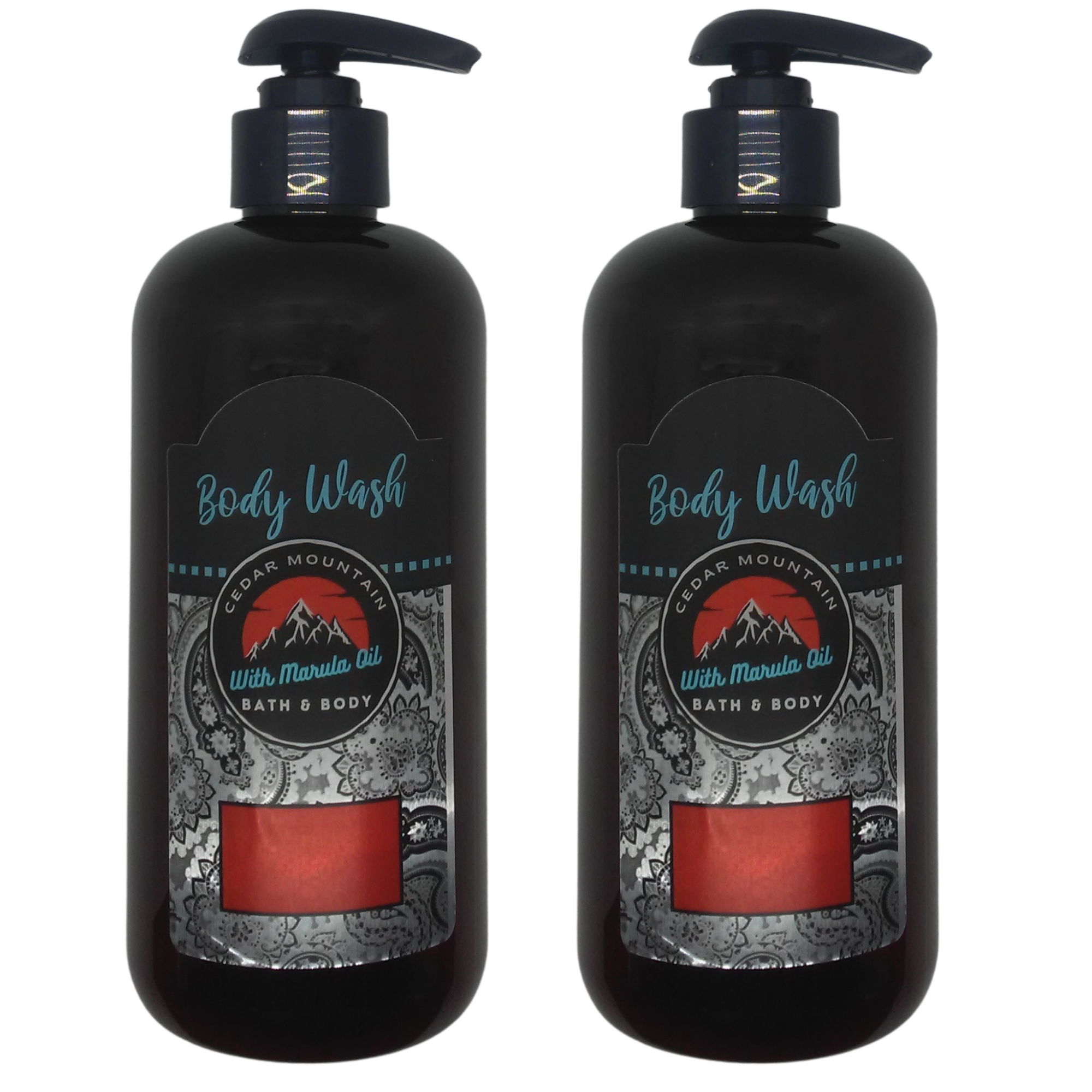 Cedar Mountain Amber Cherry Scented Body Wash with Marula Oil in a 12 Oz bottle, showcasing its vibrant packaging and luxurious design.