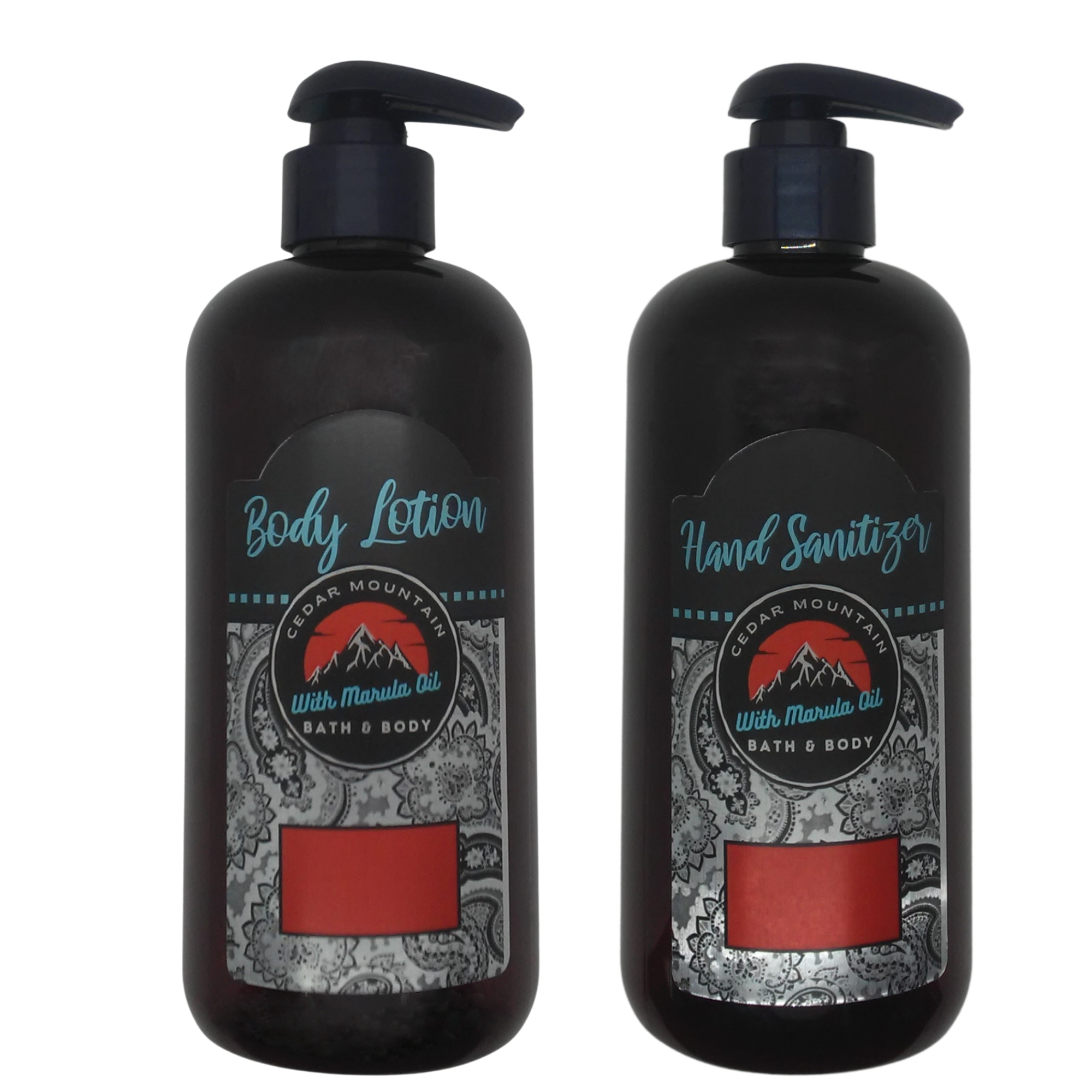 Cedar Mountain Amber Chocolate Scented Marula Oil Body Lotion and Hand Sanitizer Set, featuring elegant packaging and 12 oz bottles.