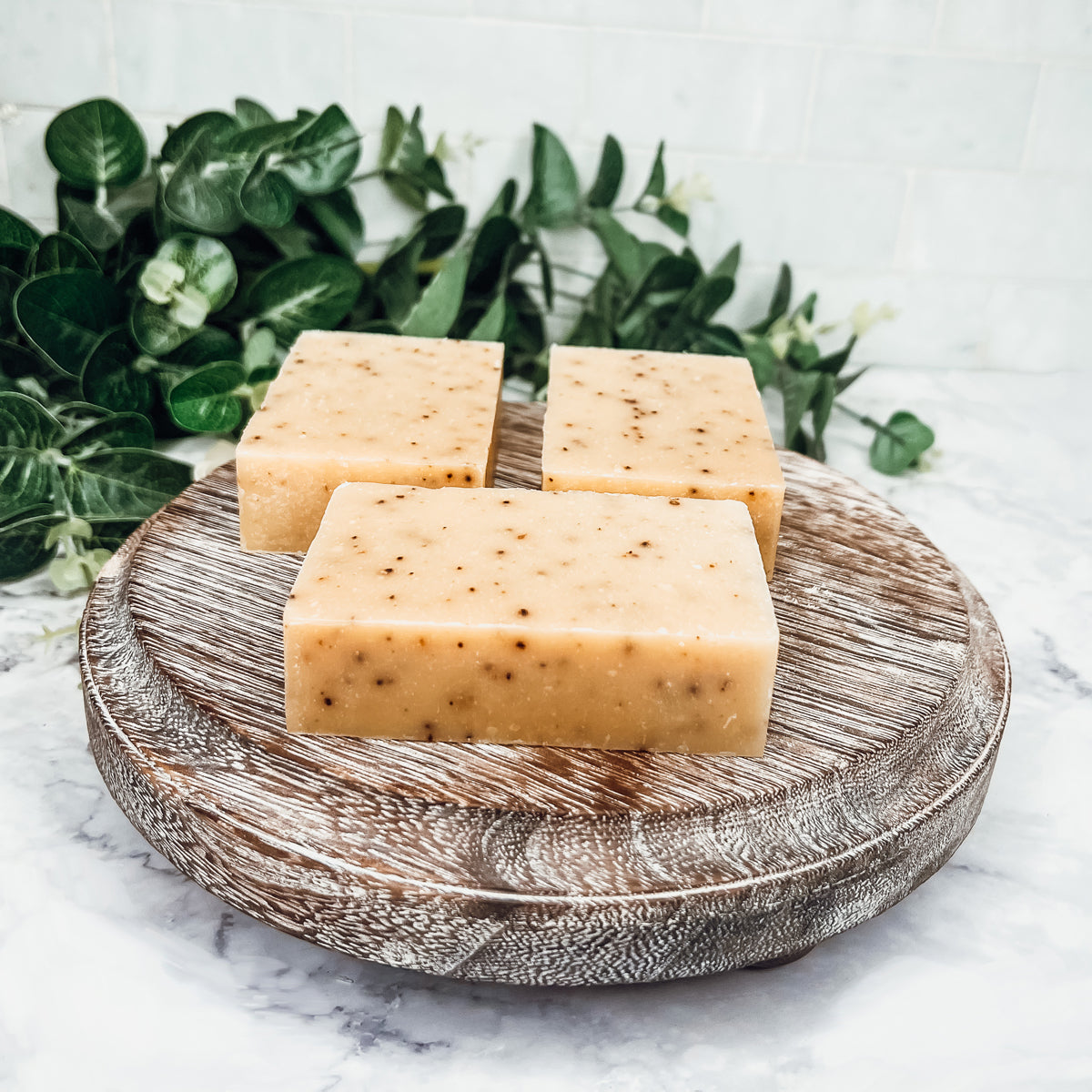 Cinnamon Latte soap bars with a strong cinnamon scent and coffee grounds, handcrafted in small batches.