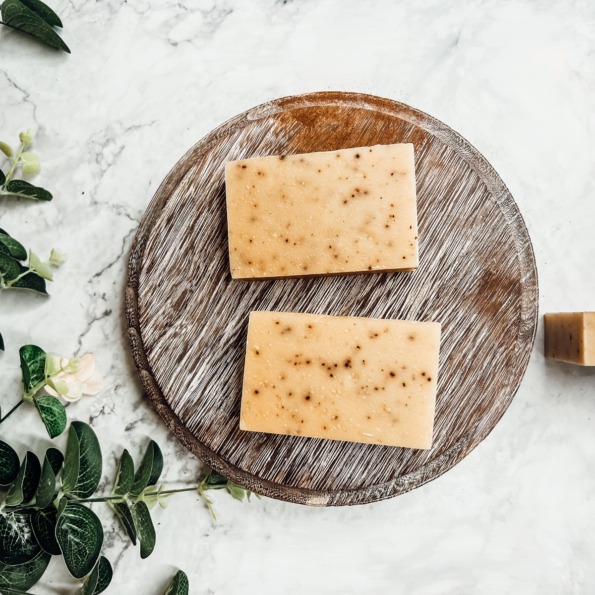 Cinnamon Latte soap bars with a strong cinnamon scent and coffee grounds, handcrafted in small batches.