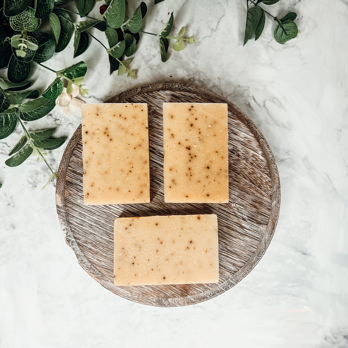 Cinnamon Latte soap bars with a strong cinnamon scent and coffee grounds, handcrafted in small batches.