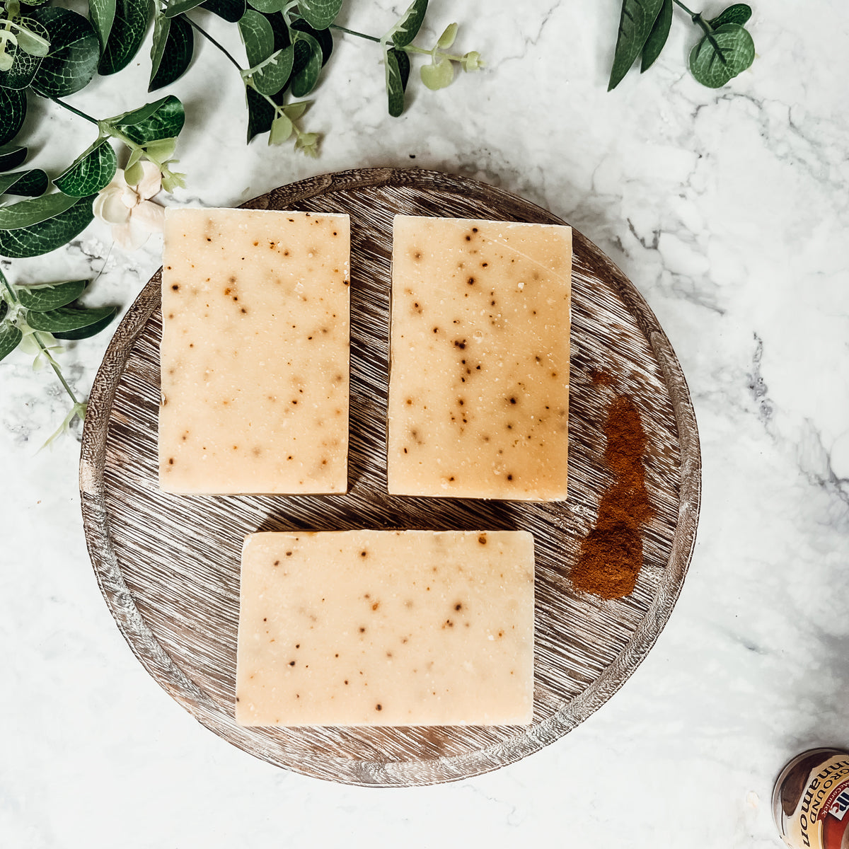 Cinnamon Latte soap bars with a strong cinnamon scent and coffee grounds, handcrafted in small batches.