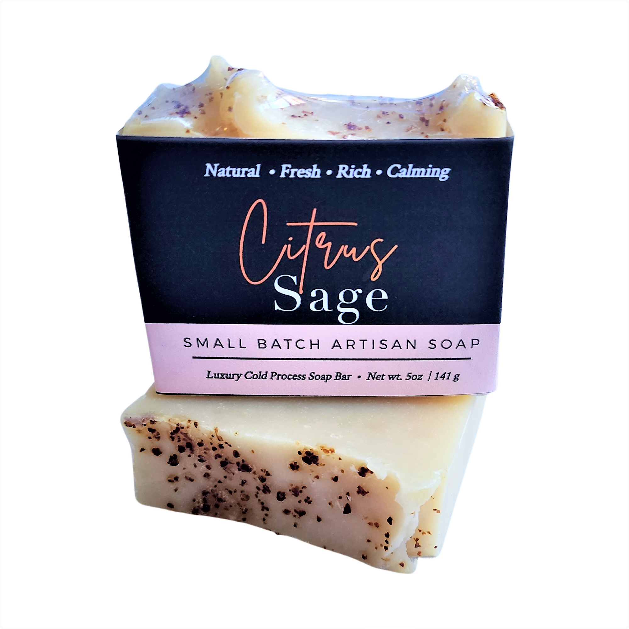 Citrus Sage Soap bar wrapped in artisanal paper, showcasing its natural ingredients and vibrant colors.