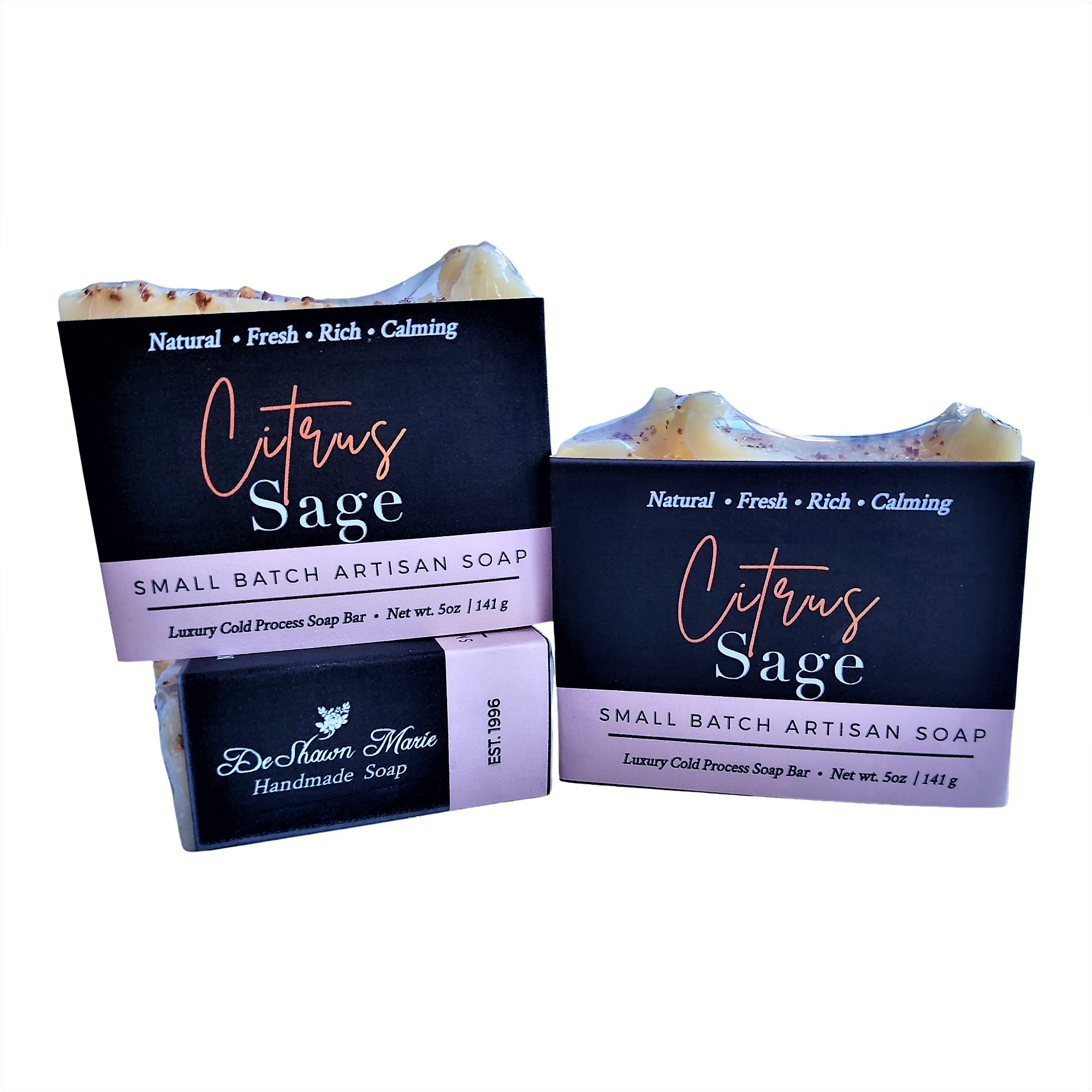 Citrus Sage Soap bar wrapped in artisanal paper, showcasing its natural ingredients and vibrant colors.