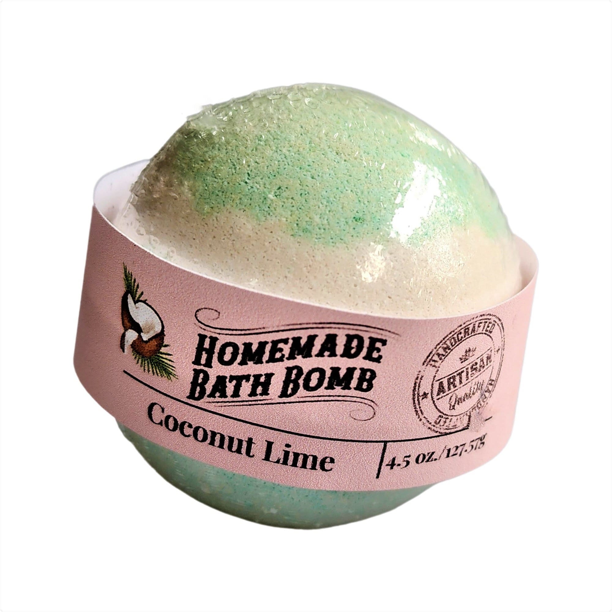 A vibrant Coconut Lime Bath Bomb, showcasing its tropical colors and texture, perfect for a relaxing bath experience.