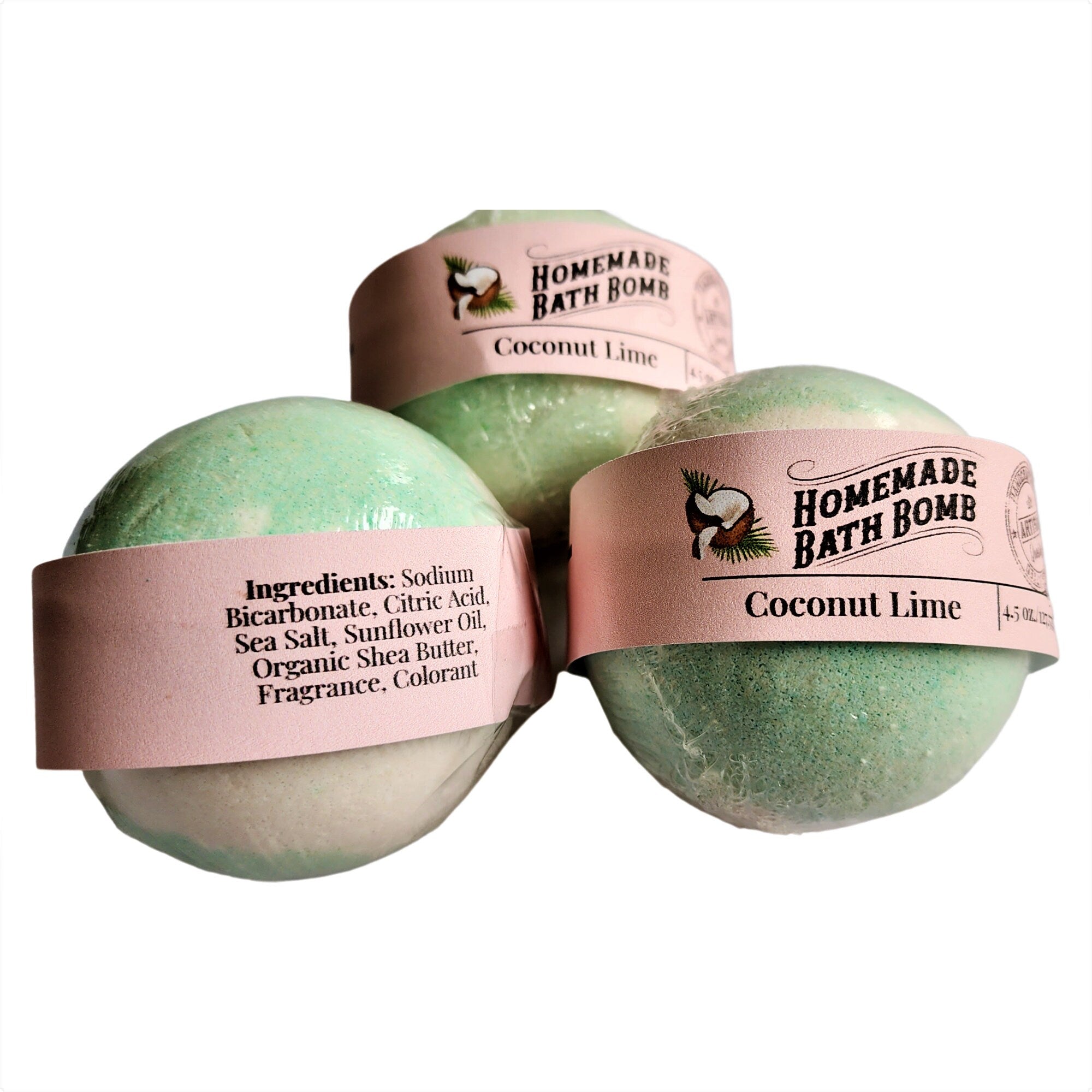 A vibrant Coconut Lime Bath Bomb, showcasing its tropical colors and texture, perfect for a relaxing bath experience.