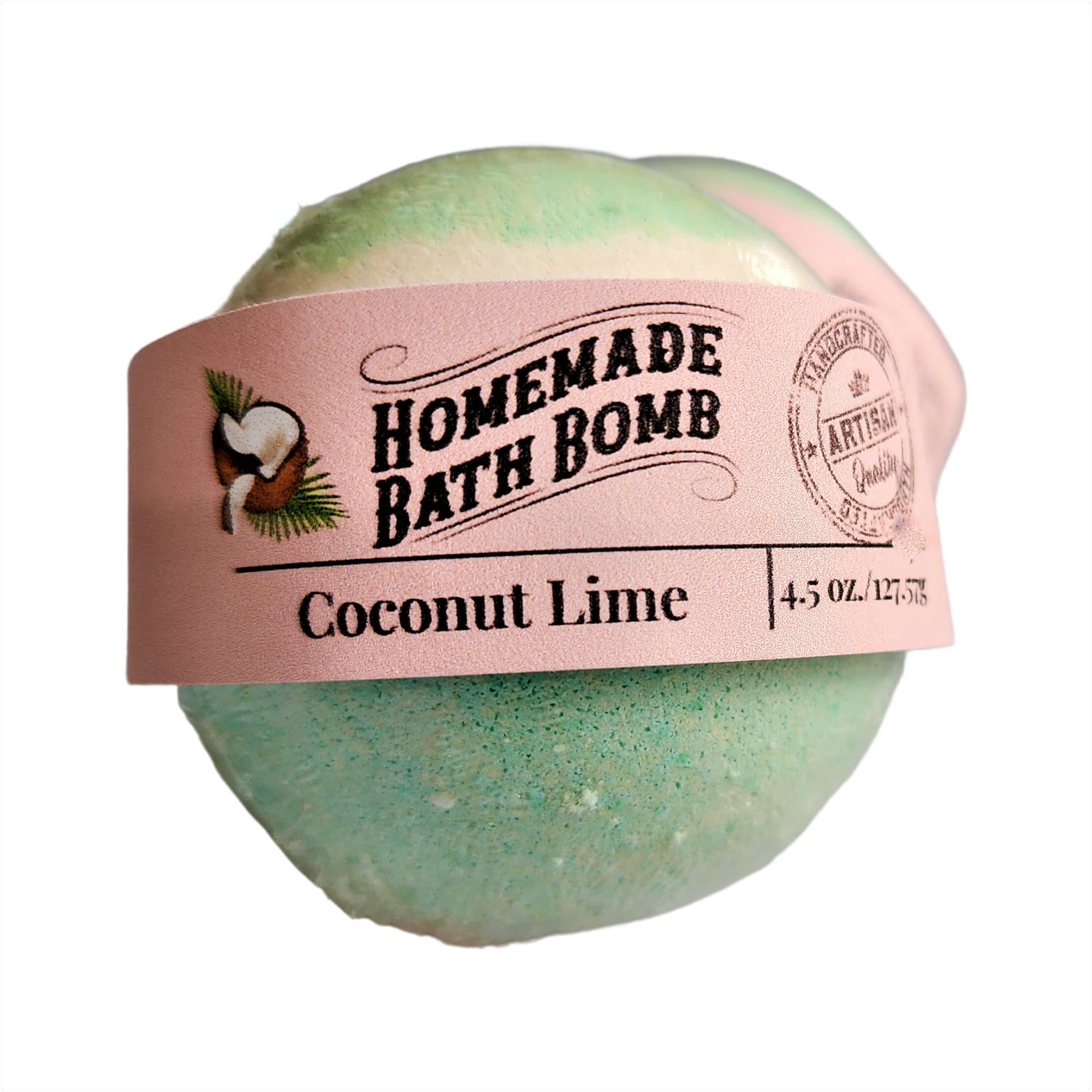 A vibrant Coconut Lime Bath Bomb, showcasing its tropical colors and texture, perfect for a relaxing bath experience.