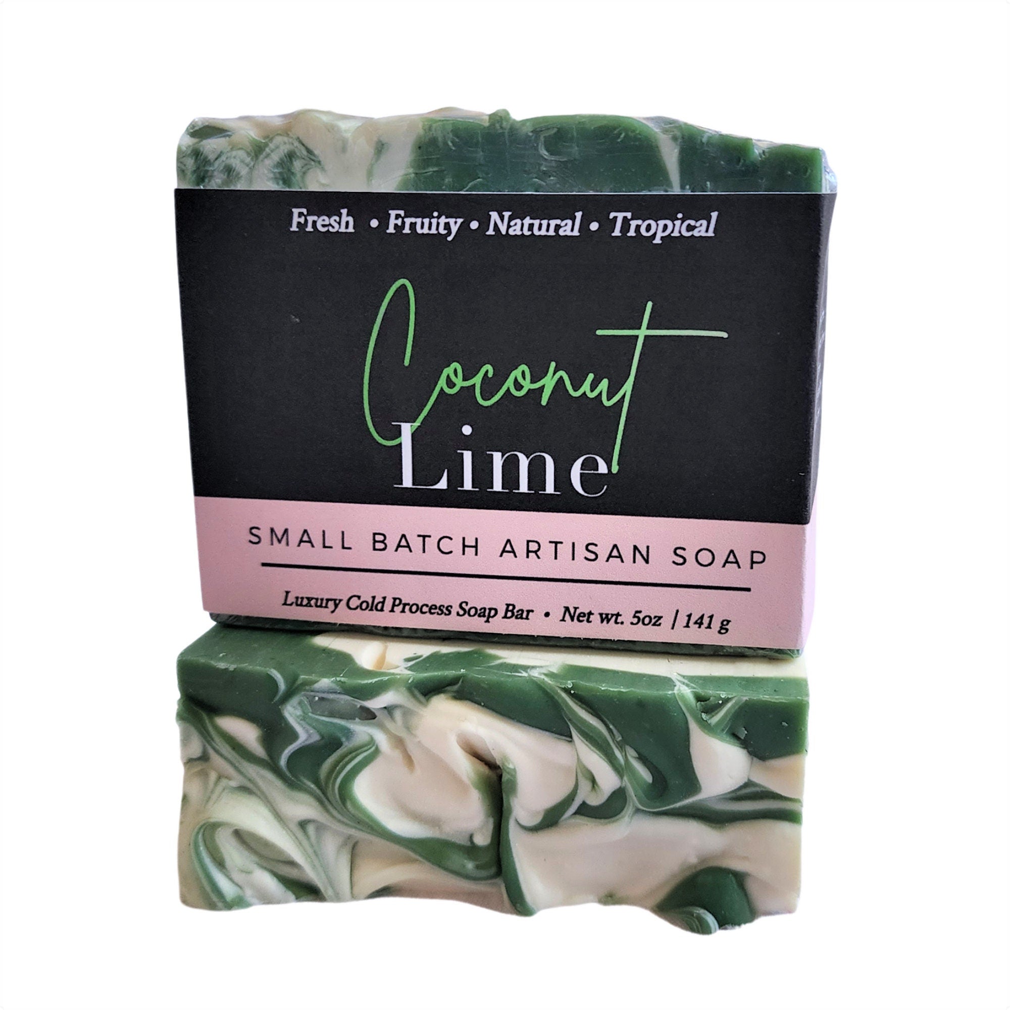 A beautifully crafted Coconut Lime Soap bar with tropical coconut and lime scent, showcasing its creamy texture and vibrant colors.