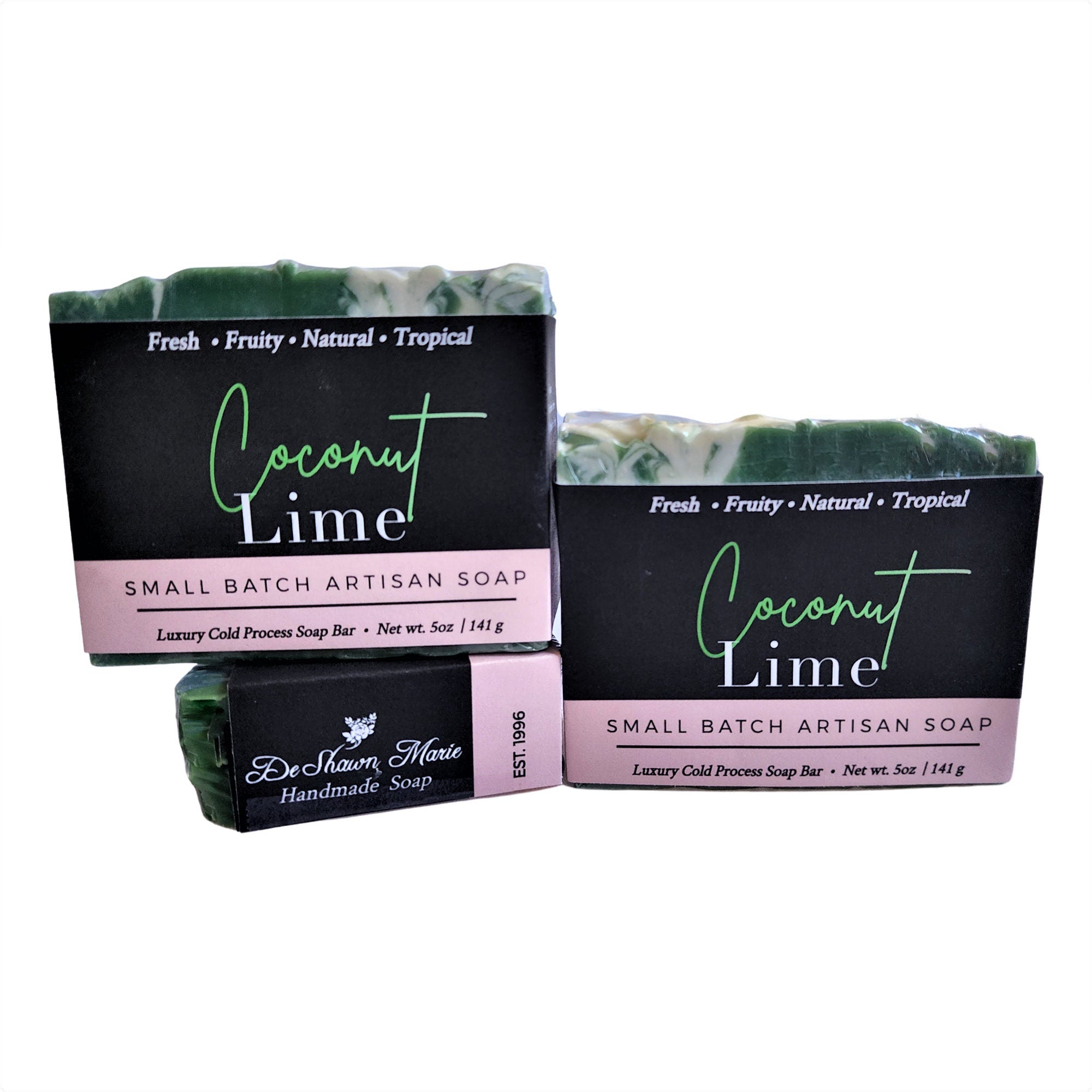 A beautifully crafted Coconut Lime Soap bar with tropical coconut and lime scent, showcasing its creamy texture and vibrant colors.