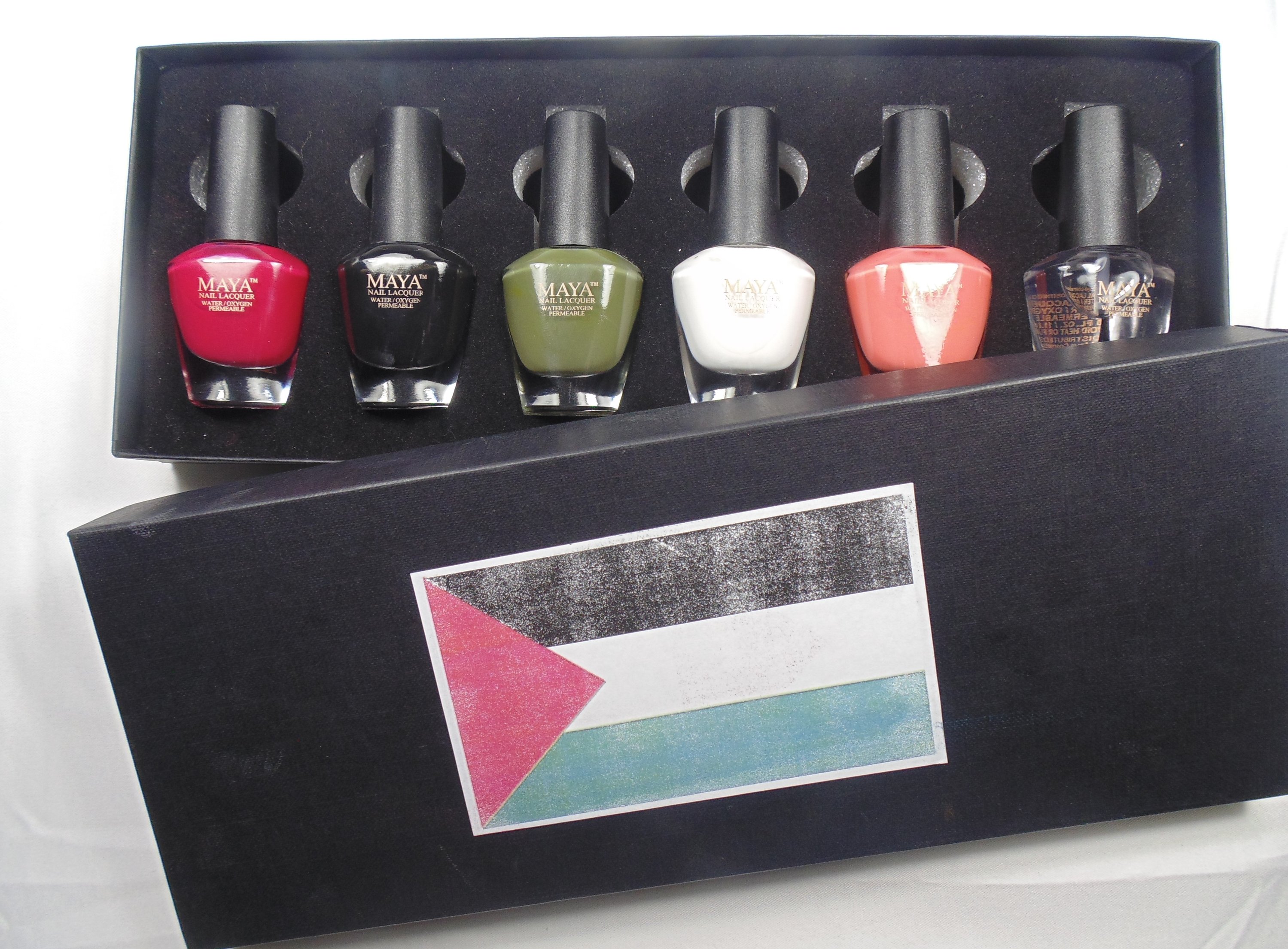 Colors of Palestine gift set featuring six nail polishes in symbolic colors representing Palestinian culture and history.