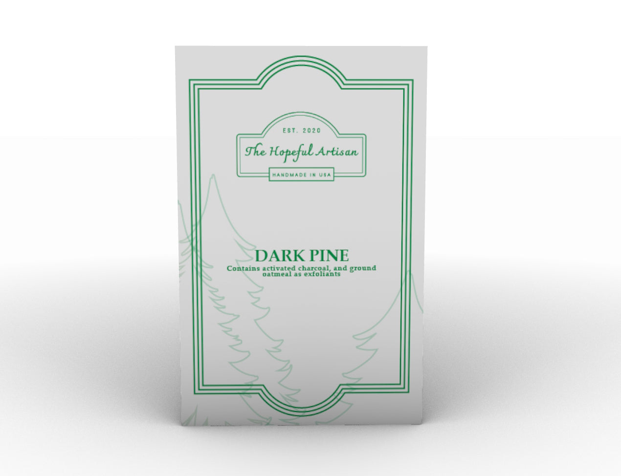 A bar of Dark Pine soap showcasing its unique handmade texture and natural pine scent, surrounded by pine branches.