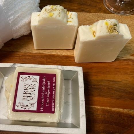 Eczema Chamomile & Calendula Soap bar with natural ingredients, showcasing its creamy texture and soothing properties for sensitive skin.