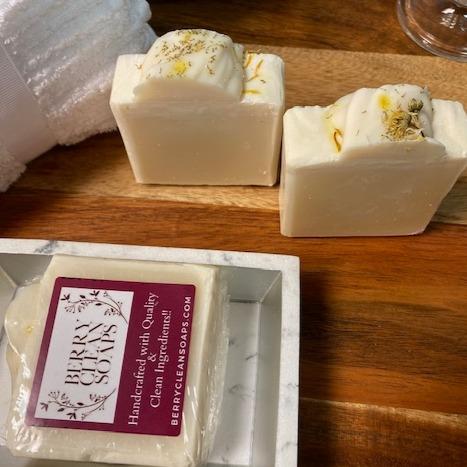 Eczema Chamomile & Calendula Soap bar with natural ingredients, showcasing its creamy texture and soothing properties for sensitive skin.