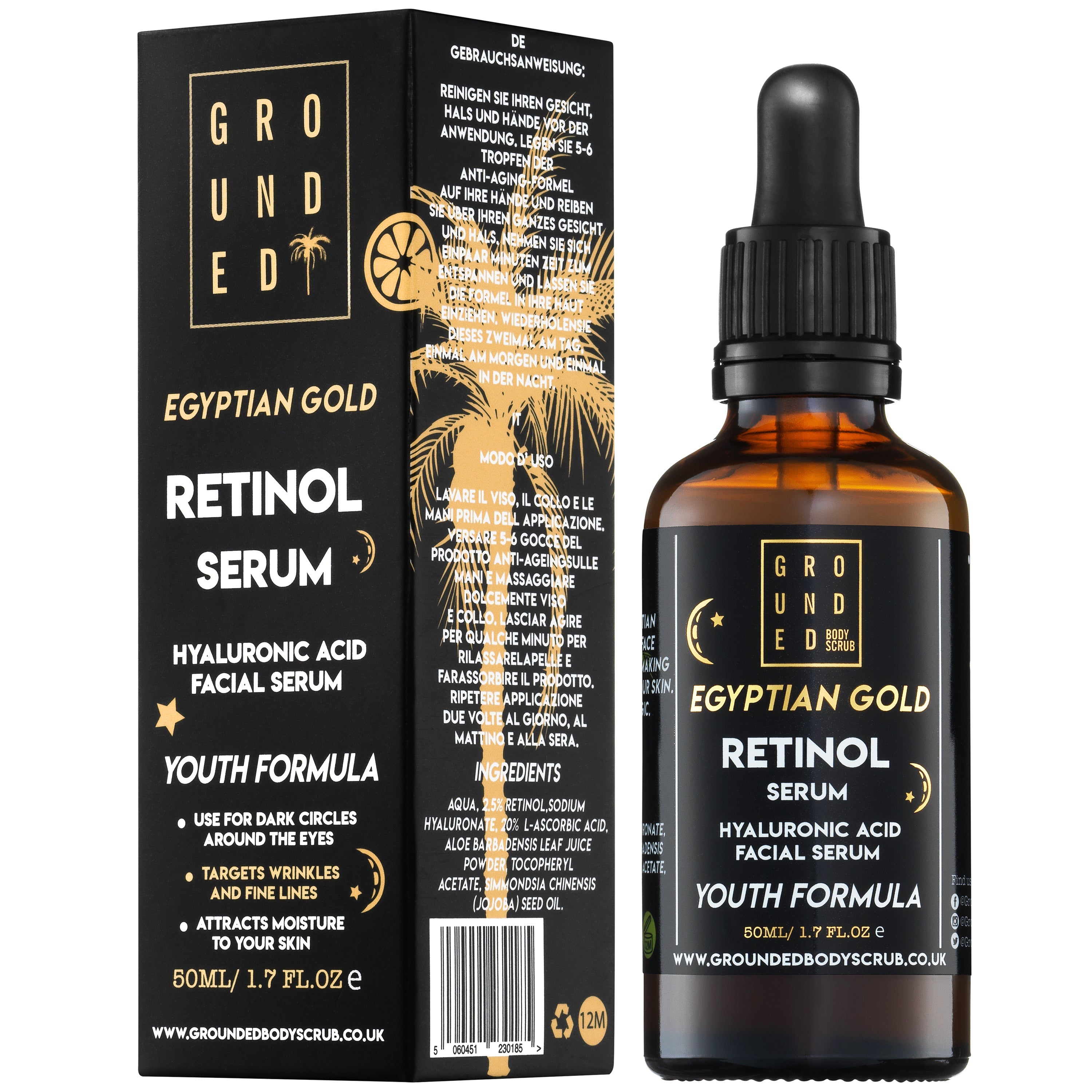 Egyptian Gold Retinol Face Serum in a sleek 50ml bottle, showcasing its luxurious design and golden hue.