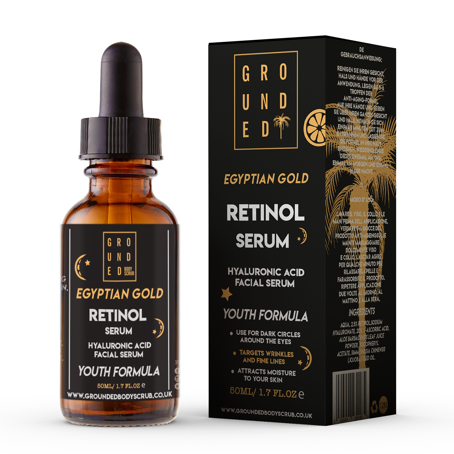 Egyptian Gold Retinol Face Serum in a sleek 50ml bottle, showcasing its luxurious design and golden hue.