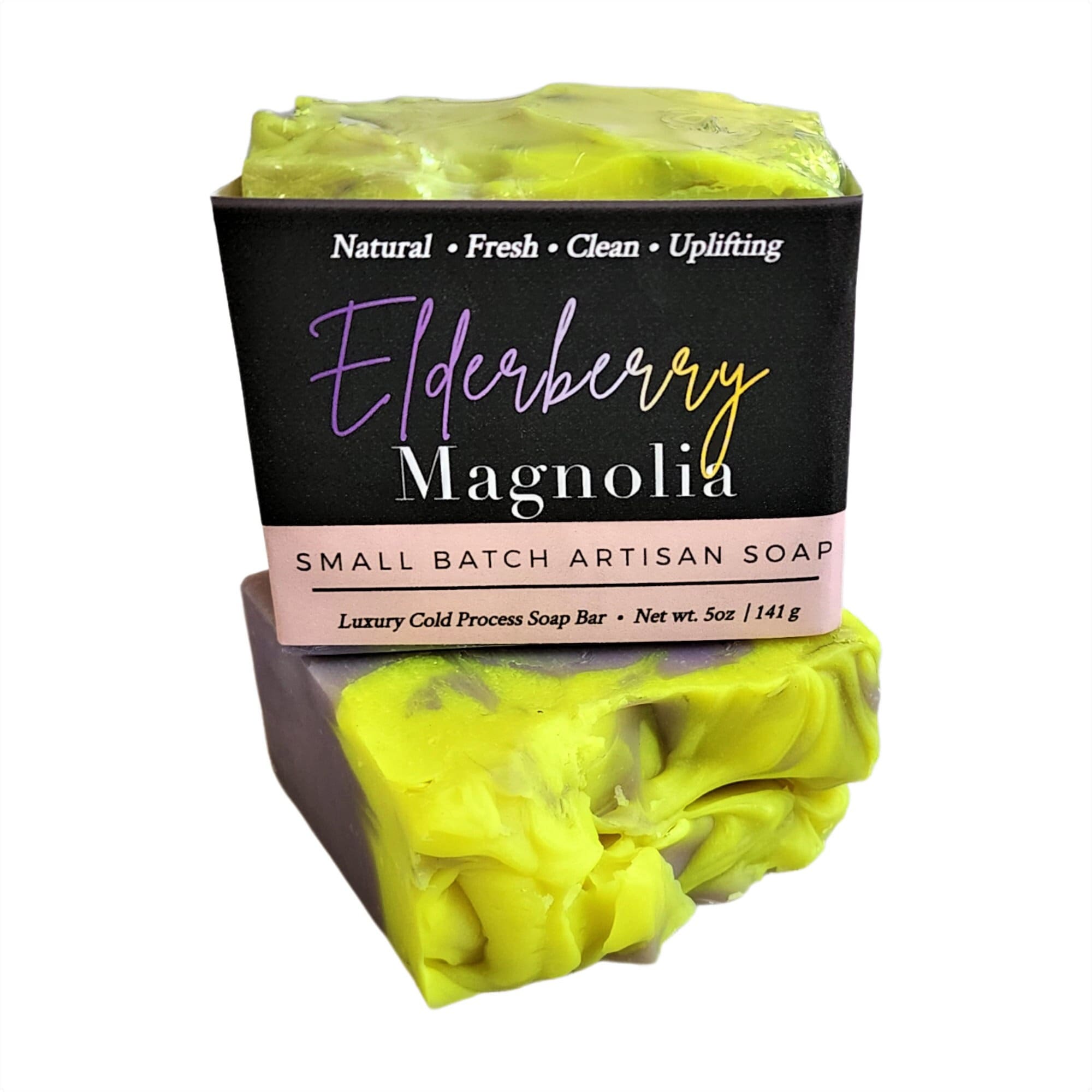 Elderberry Magnolia Soap bar with vibrant berry and floral design, showcasing its handcrafted quality.