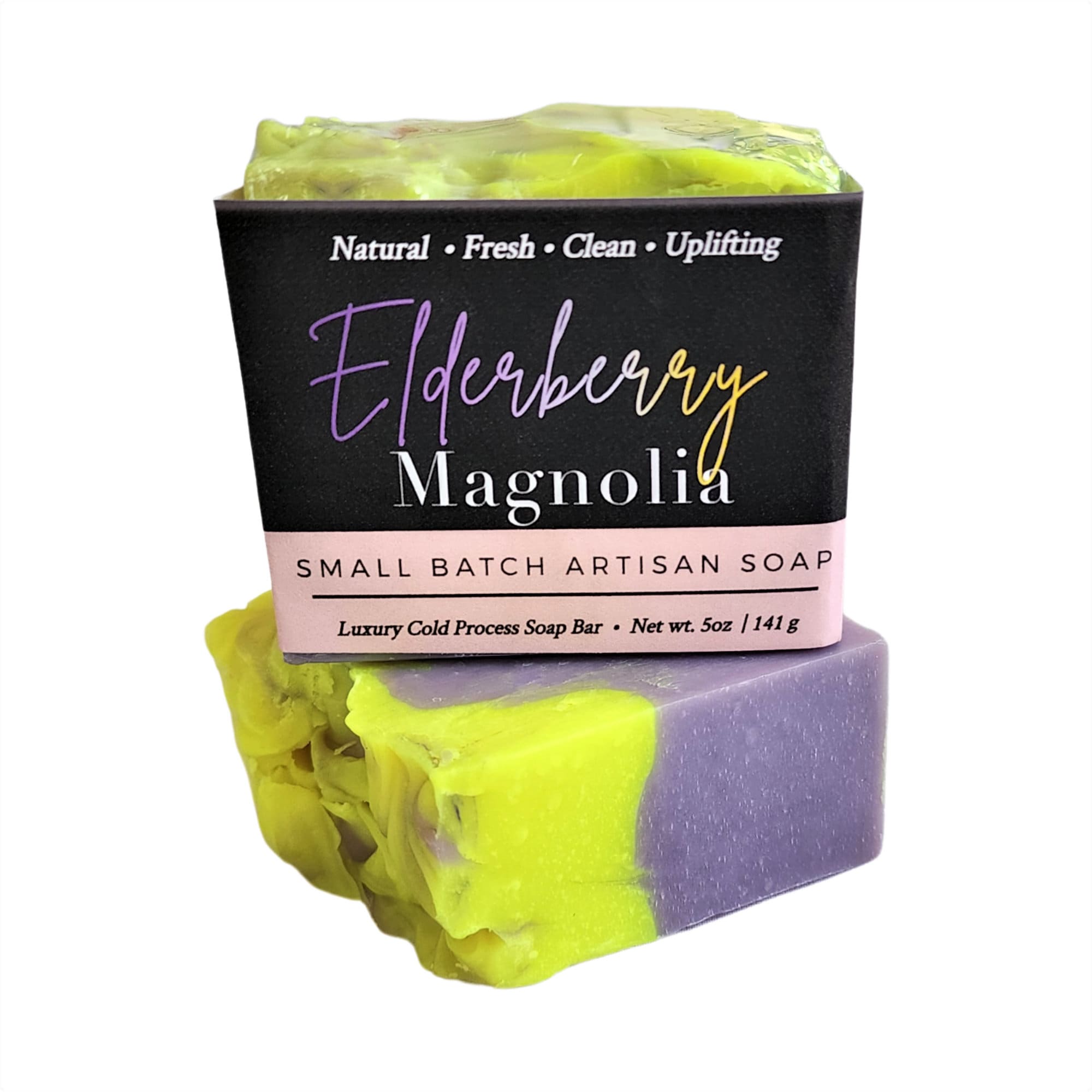 Elderberry Magnolia Soap bar with vibrant berry and floral design, showcasing its handcrafted quality.