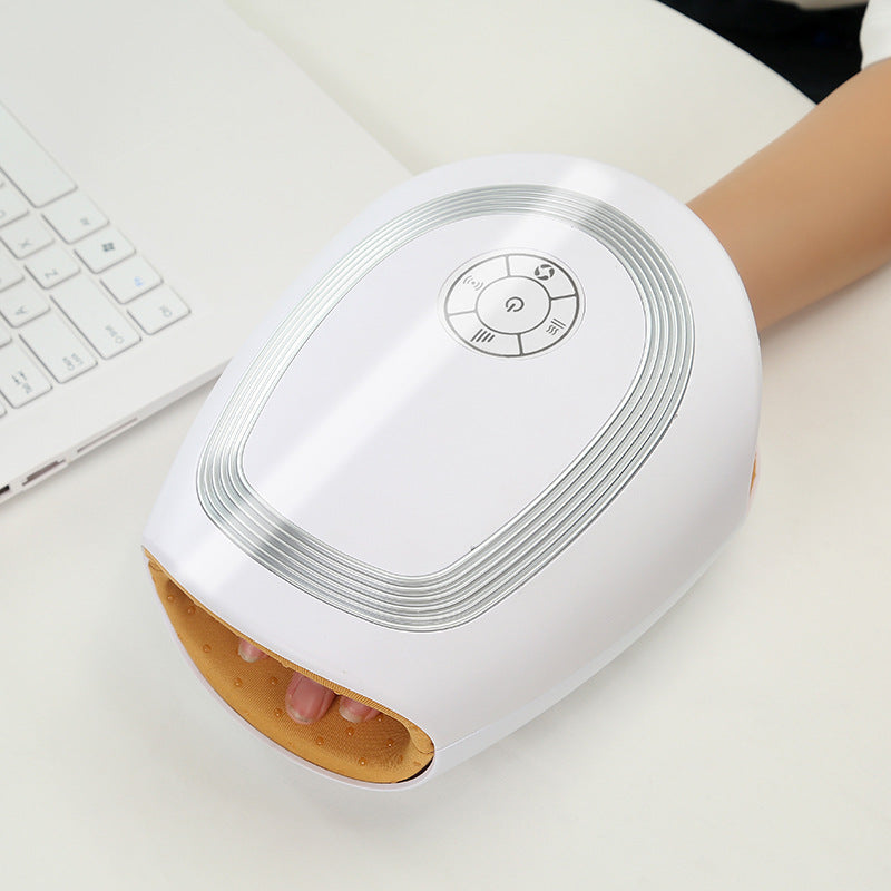 Electric Airbag Hand Massager with heating application, showcasing its sleek design and ergonomic features for hand relaxation.