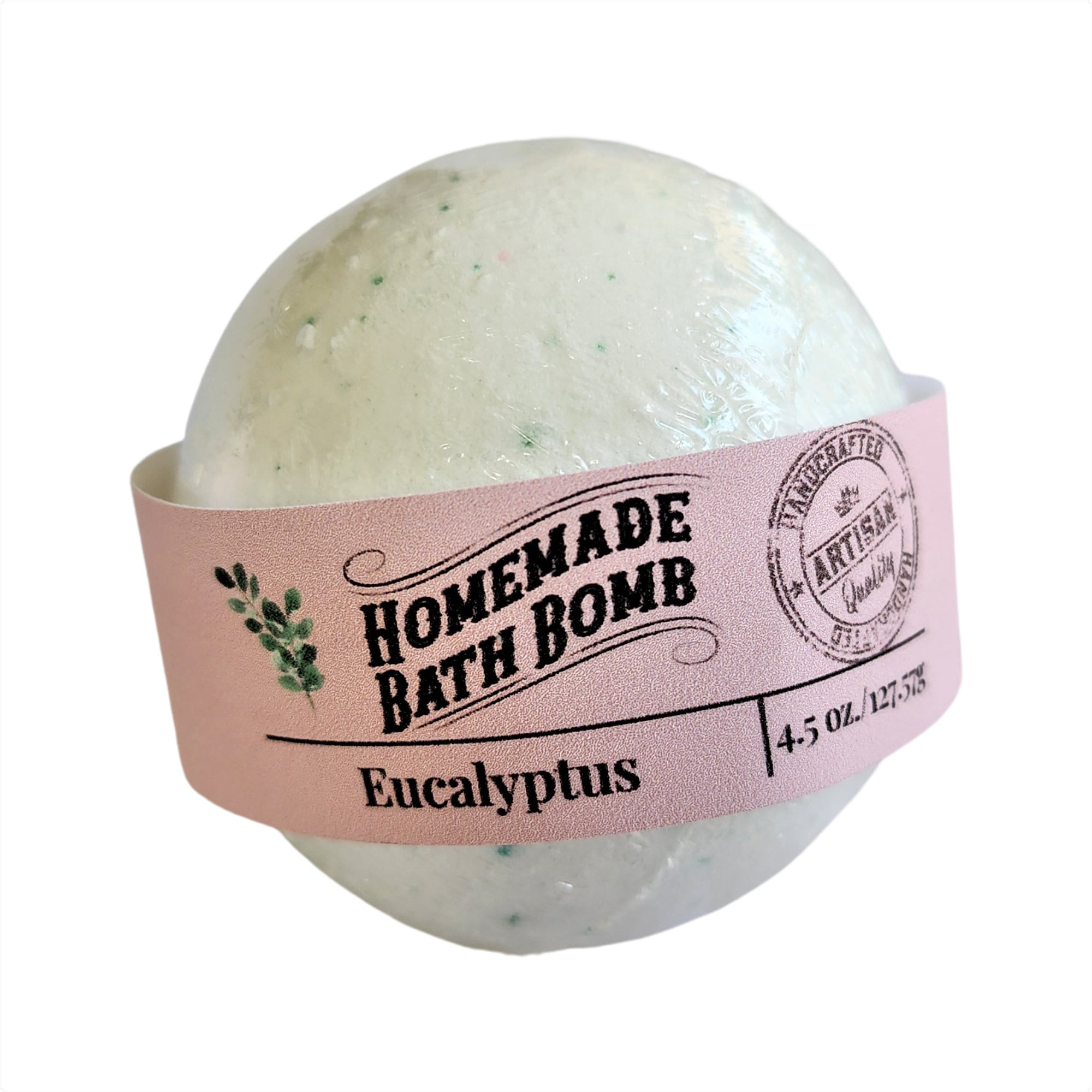 Eucalyptus Bath Bomb in a bath tub, showcasing its fizzy effect and vibrant colors, surrounded by calming spa elements.